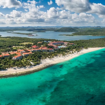 a beach with buildings and trees