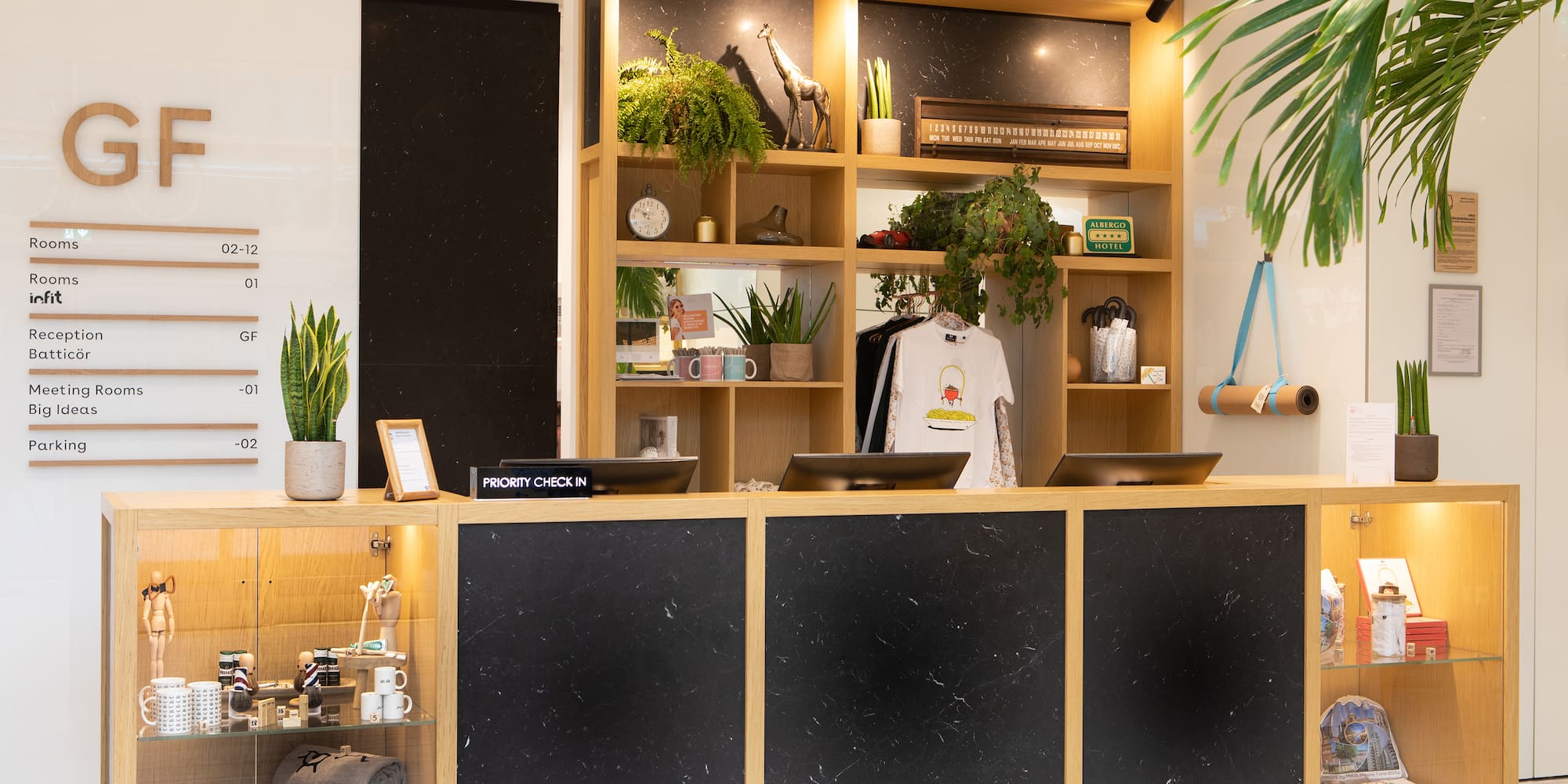 a counter with a shelf and plants in front of it