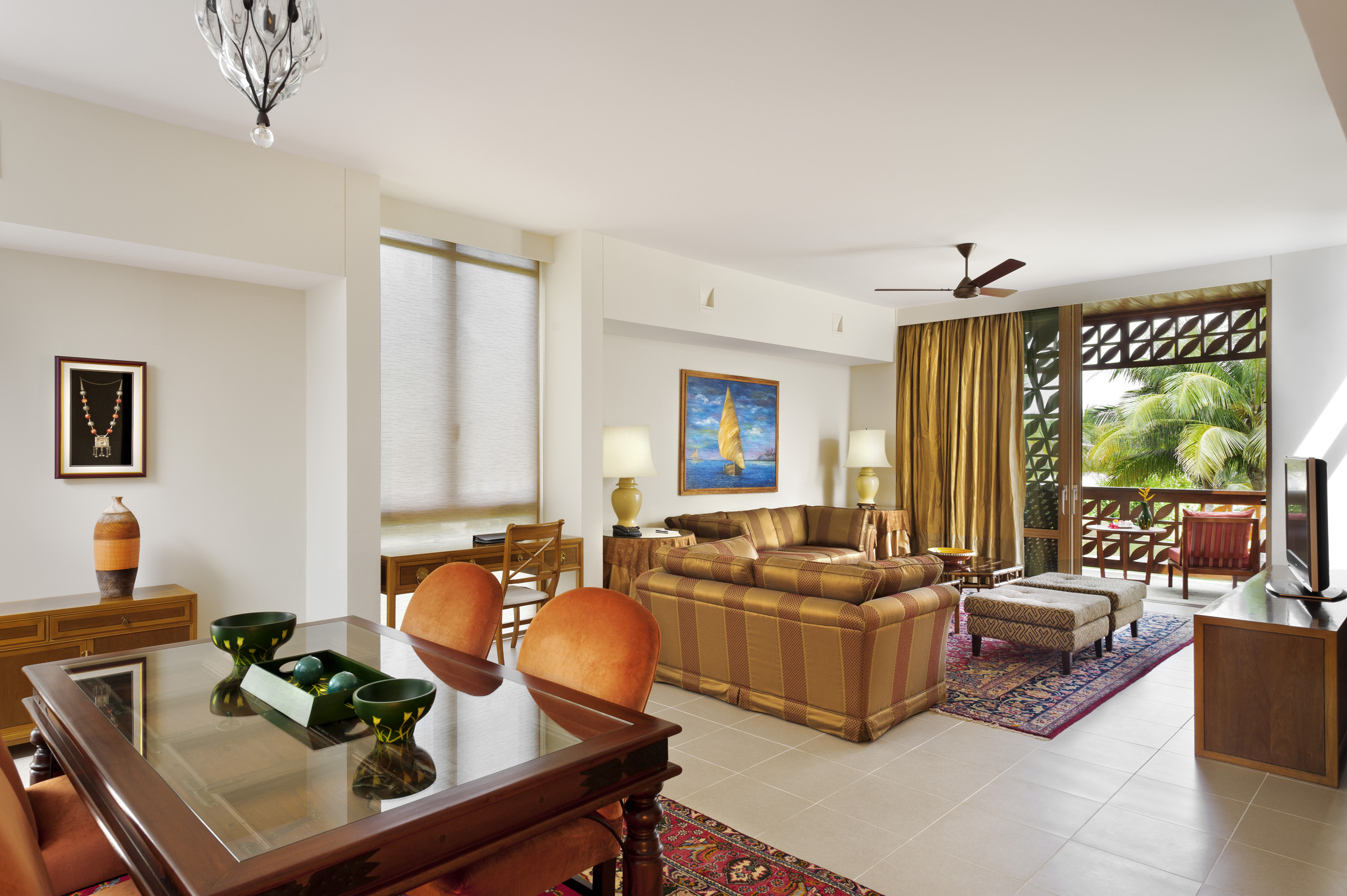 a living room with a couch and a table