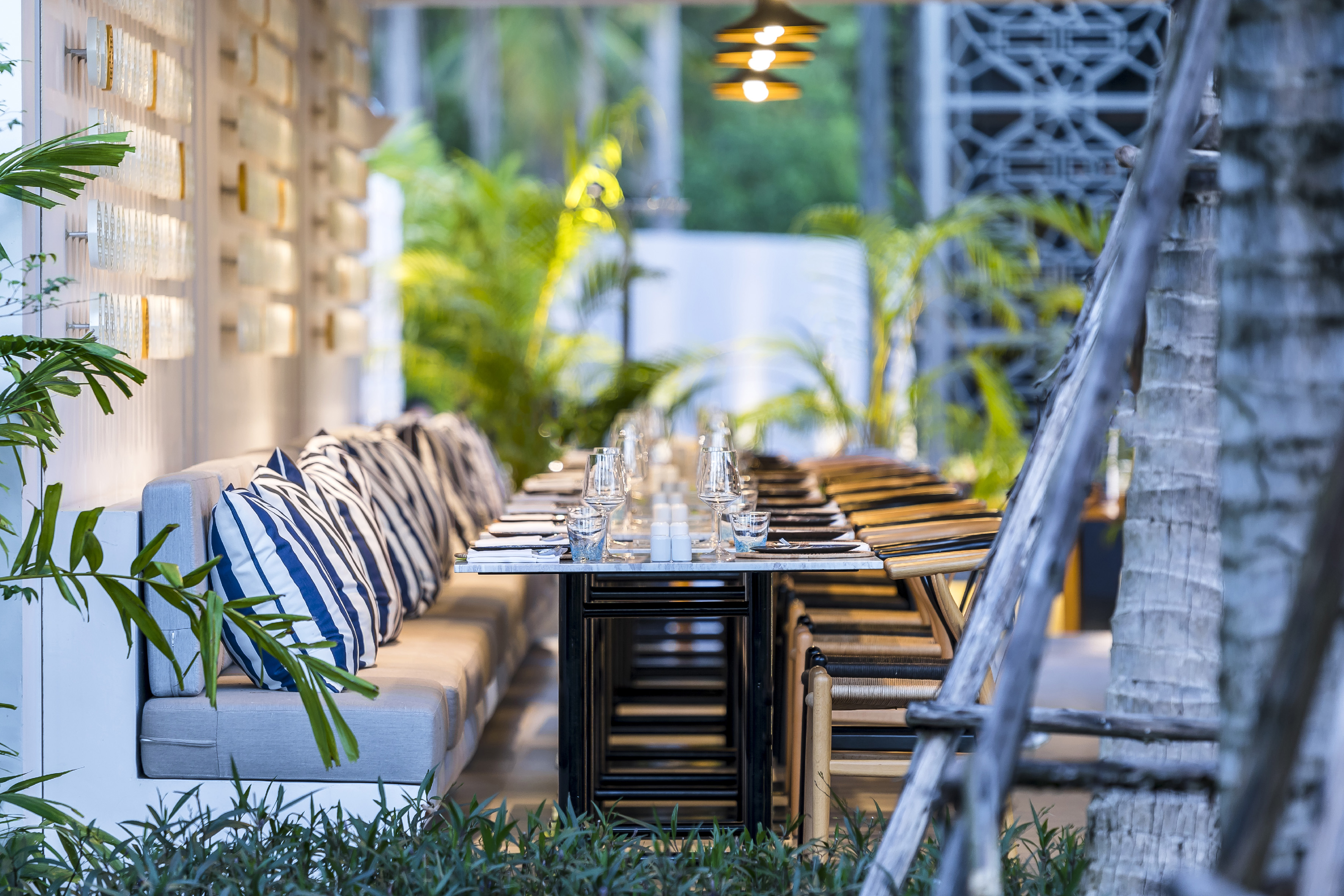 Modern outdoor dining setup with long table, tropical plants, and warm lighting.