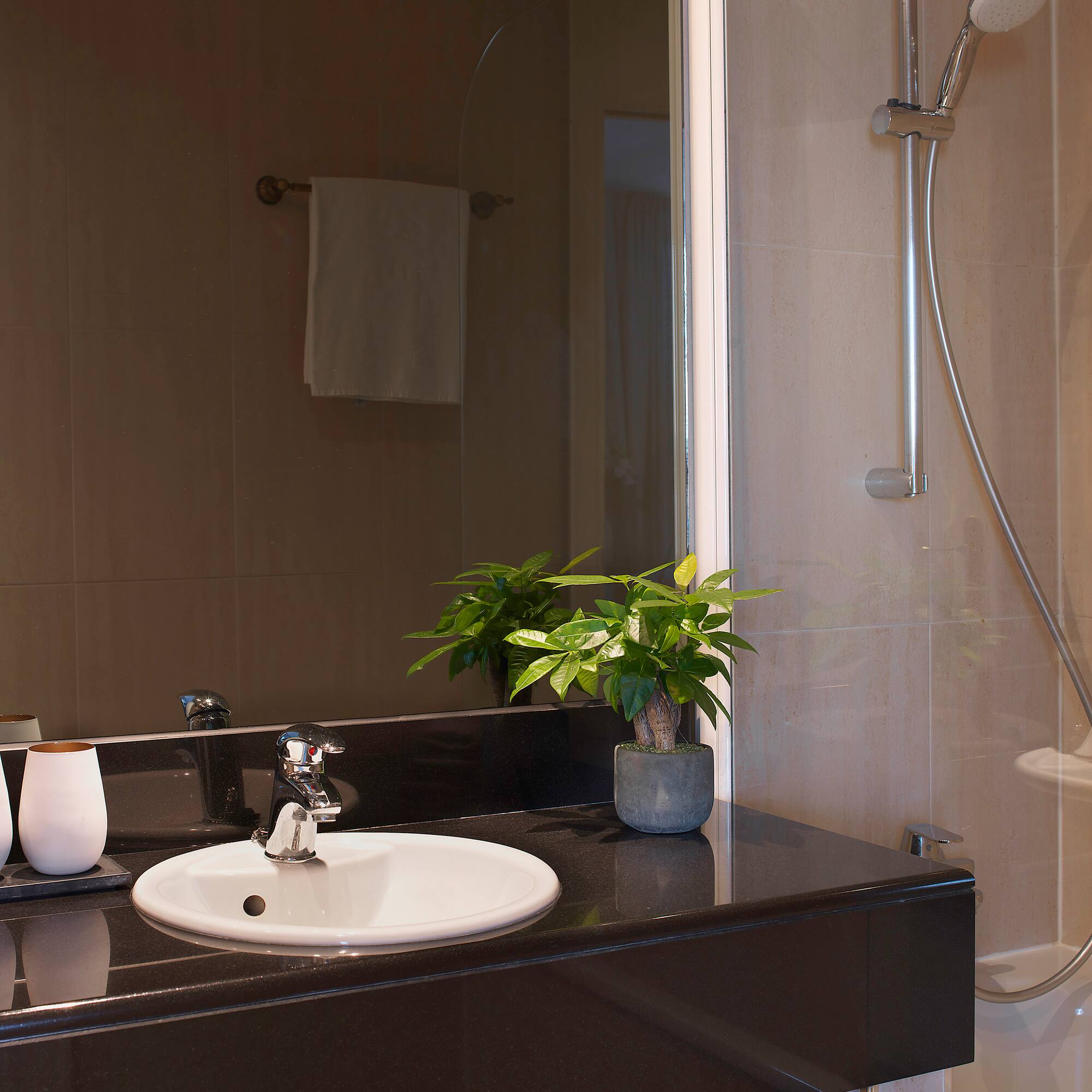 a sink and shower in a bathroom