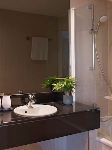 a sink and shower in a bathroom
