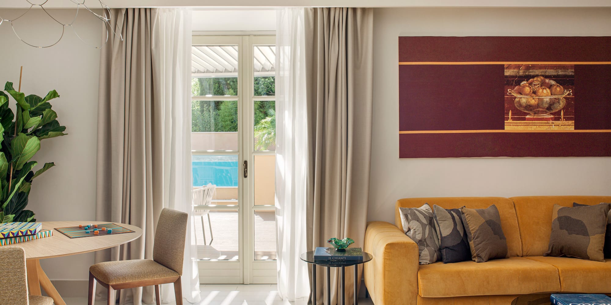 a living room with a couch and table