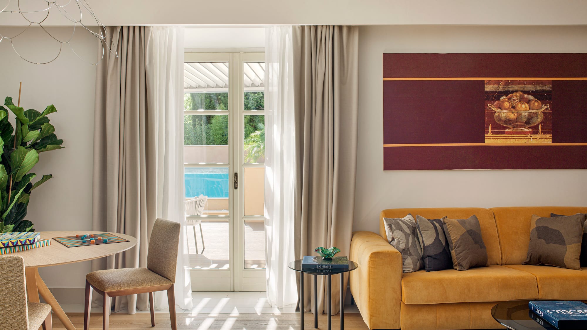 a living room with a couch and table