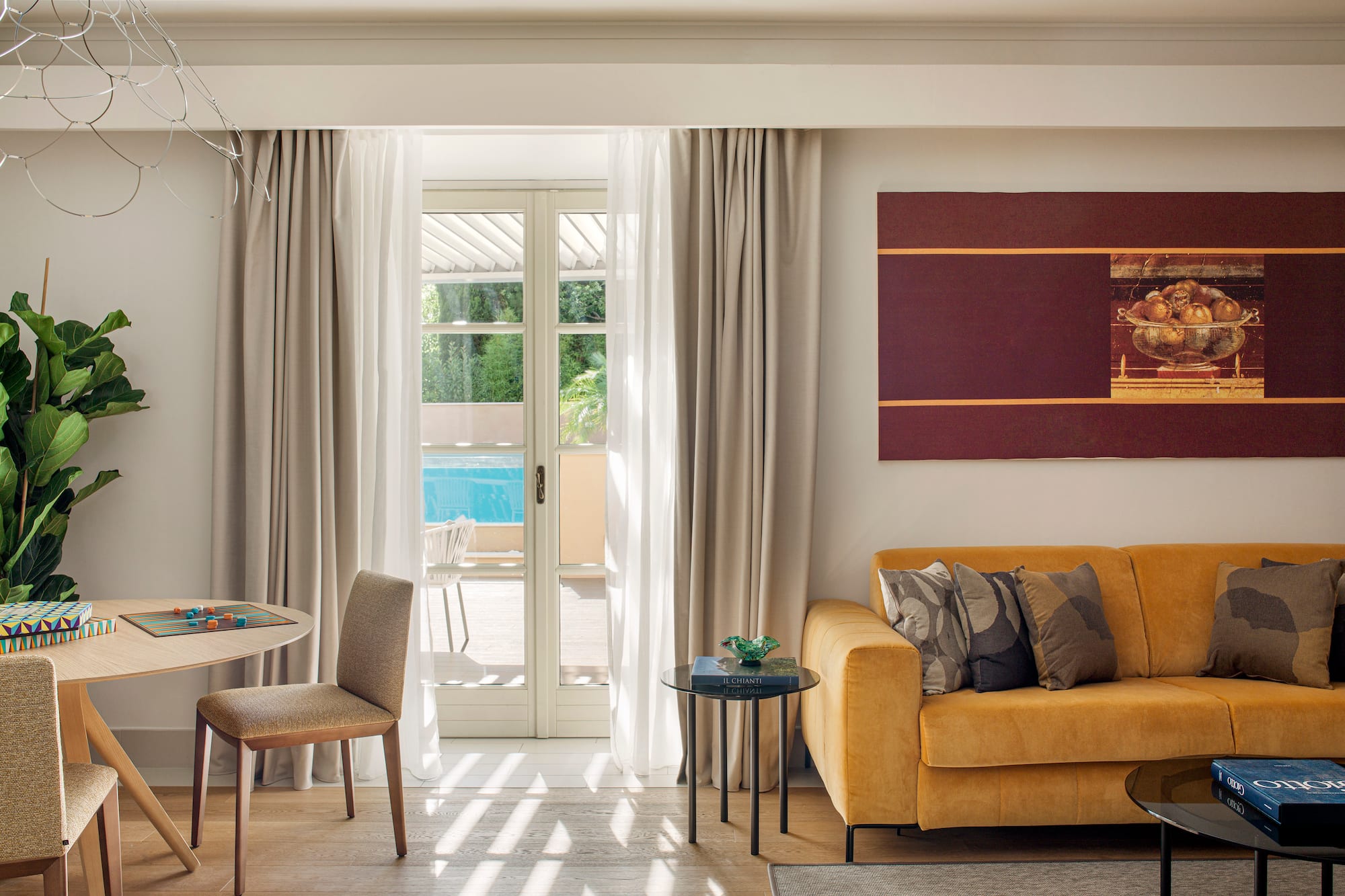 a living room with a couch and table