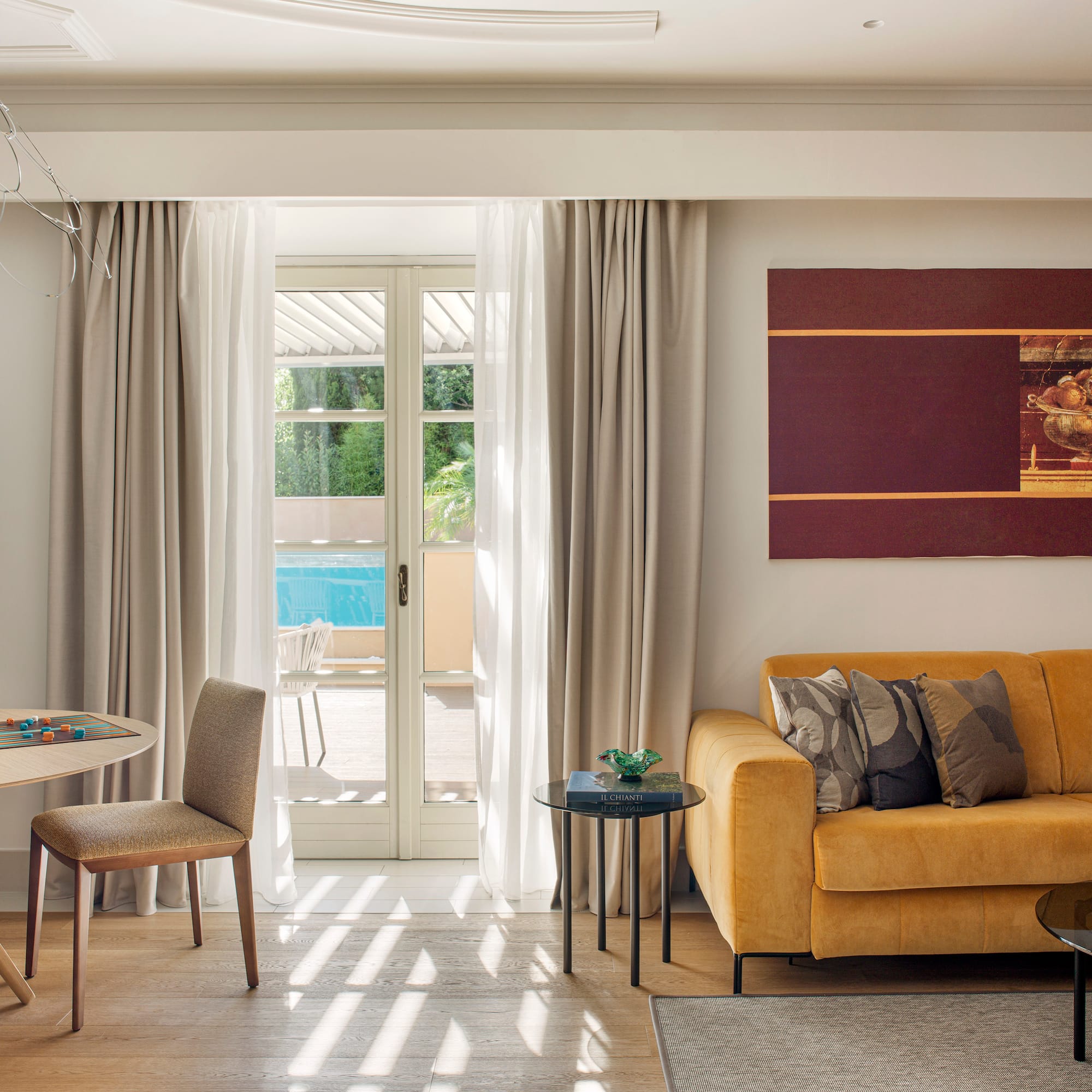 a living room with a couch and table