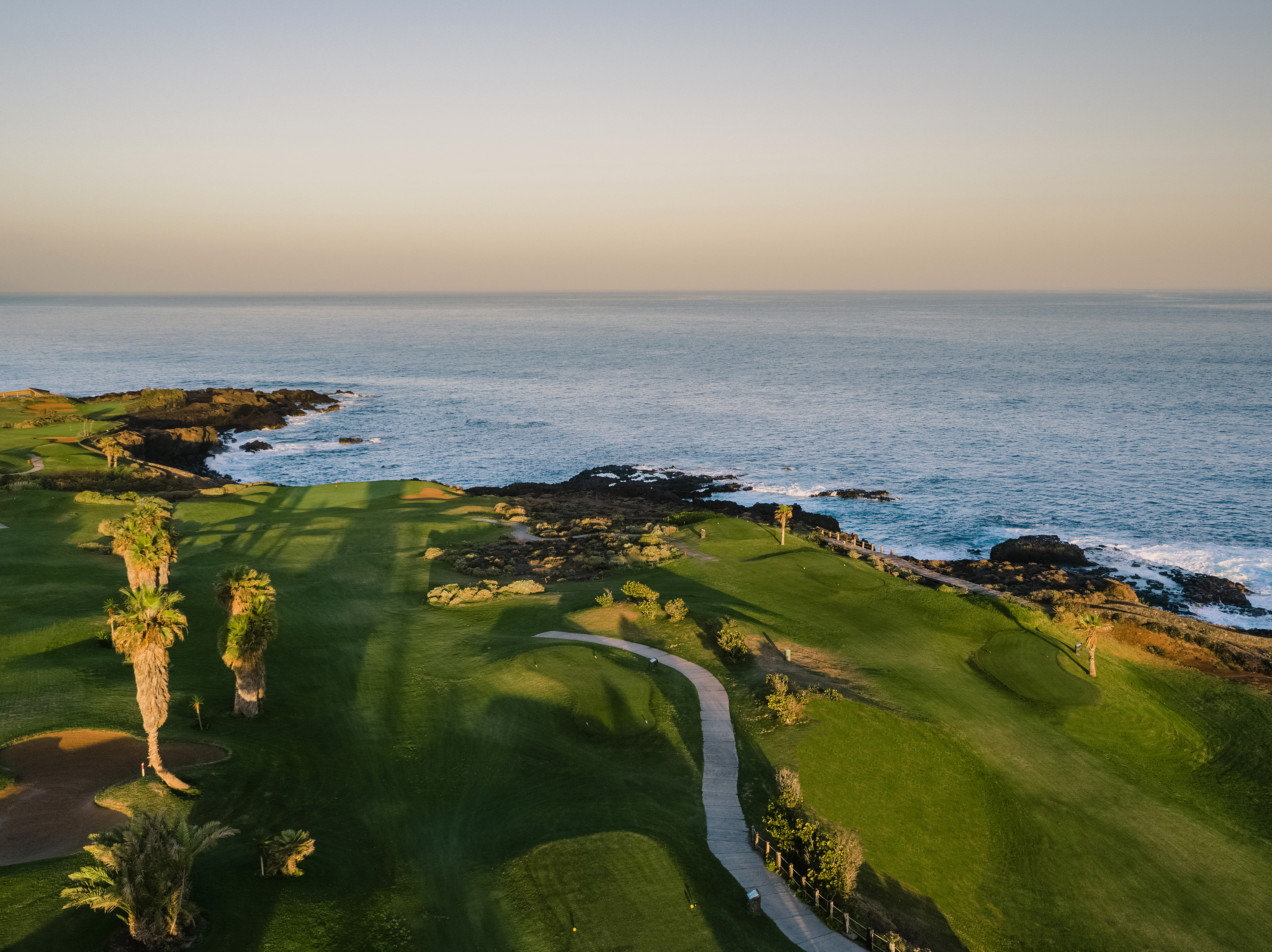 Aerial coastal golf course with green fairways, palm trees, ocean.