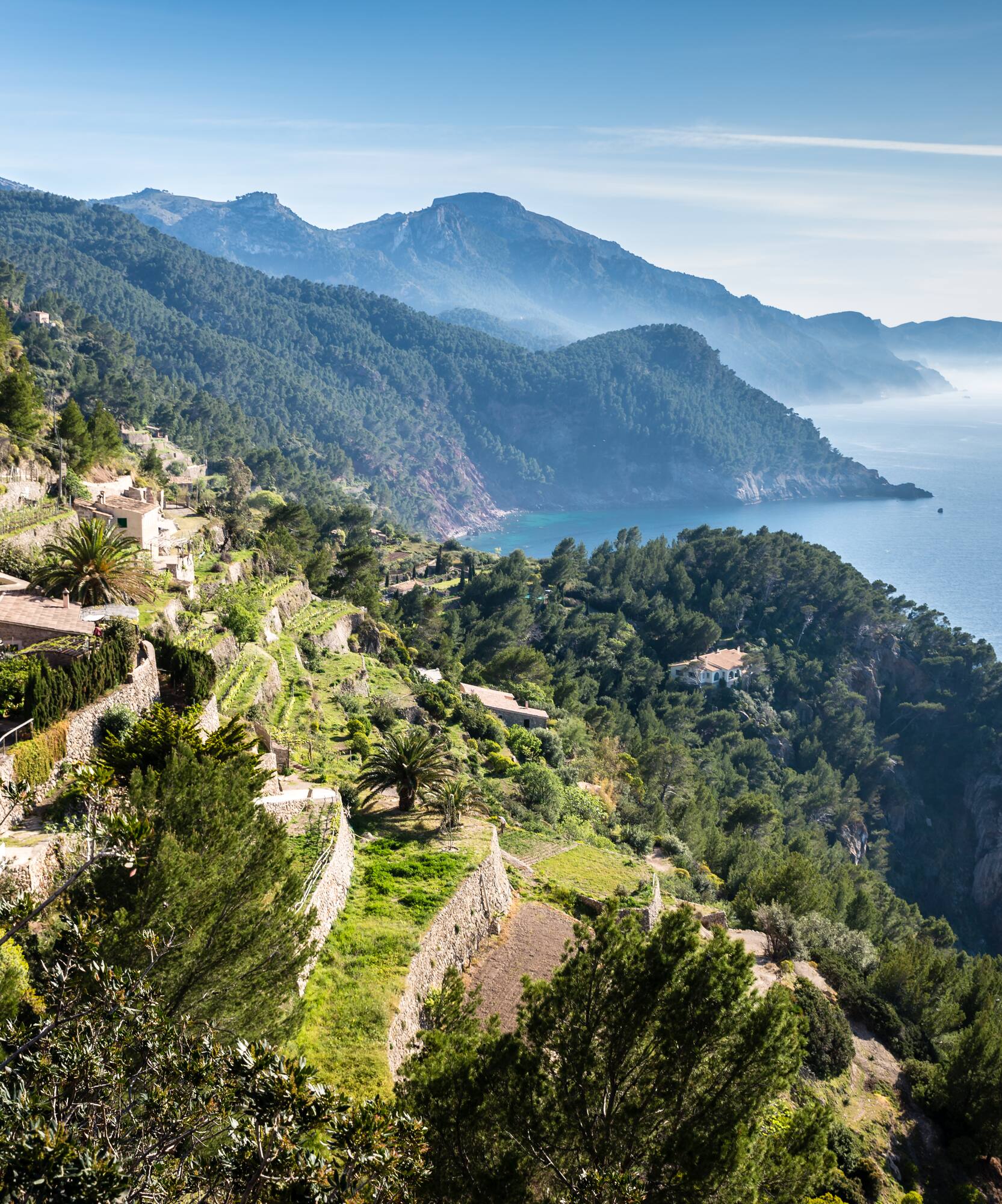 Terraced Mediterranean coast with a winding road, green hills, and blue sea.