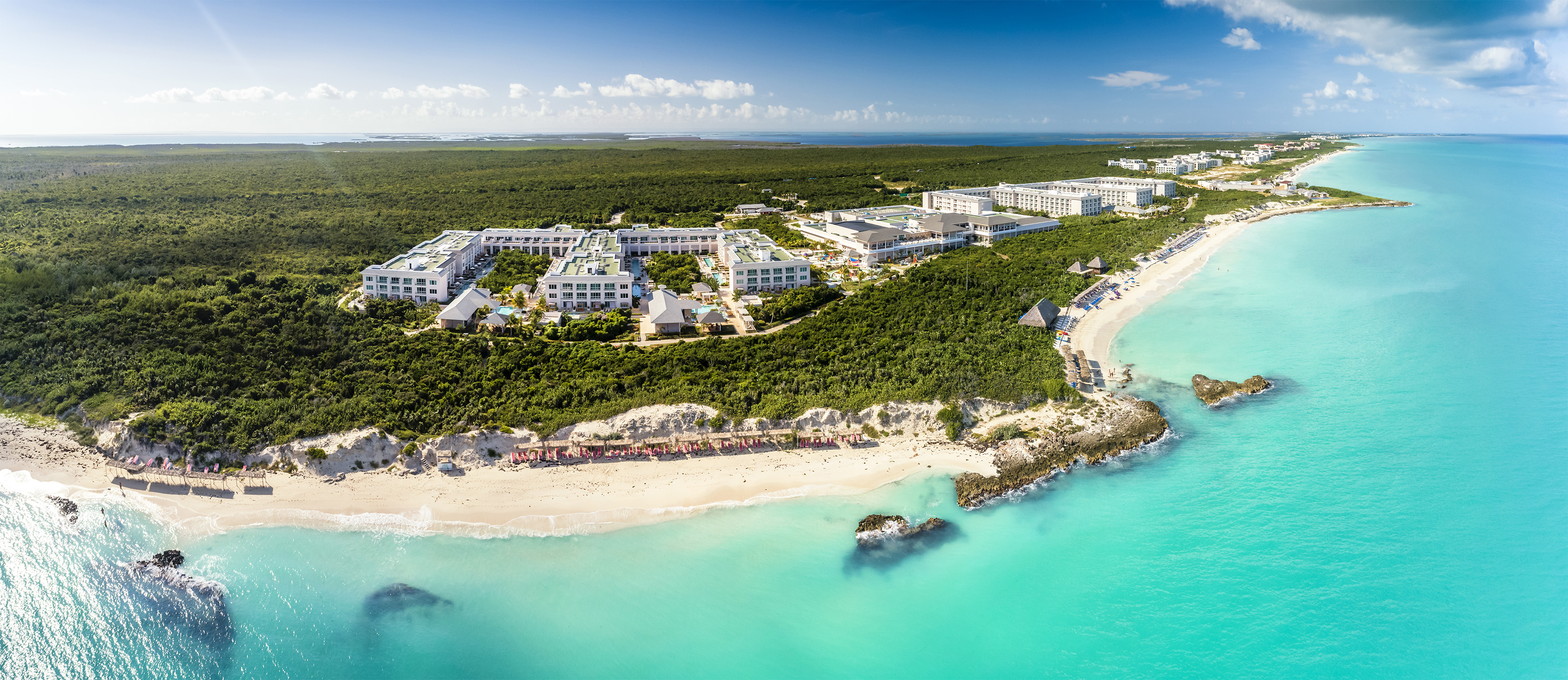 a beach with buildings and trees