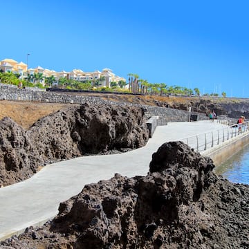 a walkway with rocks and a body of water