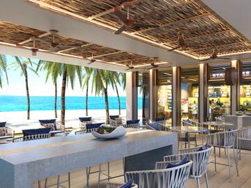 a restaurant with a beach view