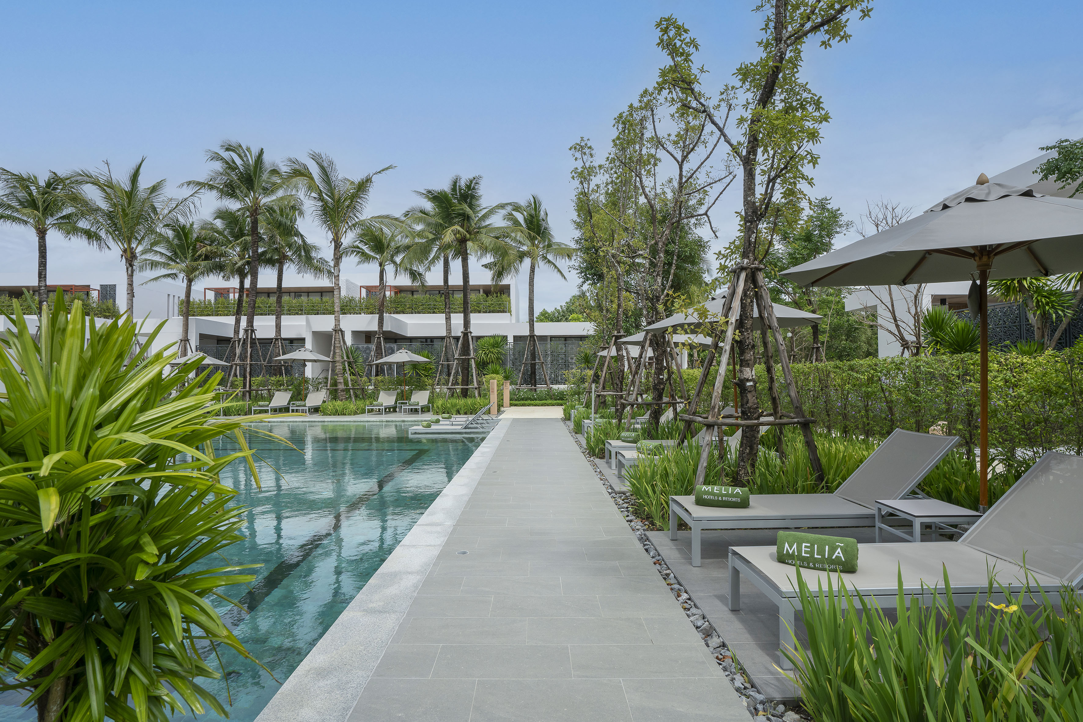 Tropical resort swimming pool with Meliá loungers, palm trees, and umbrellas.