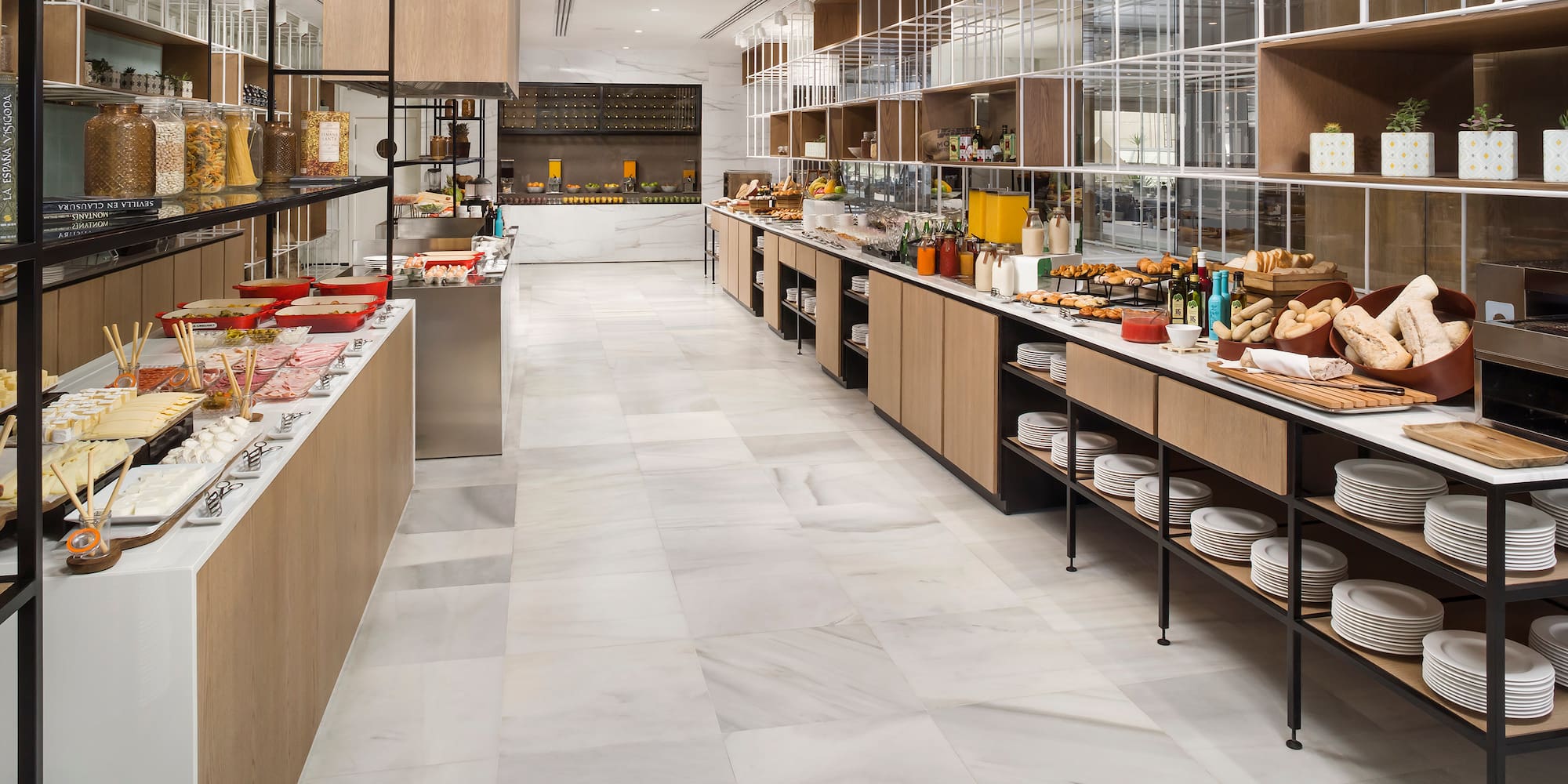 a buffet with food on shelves