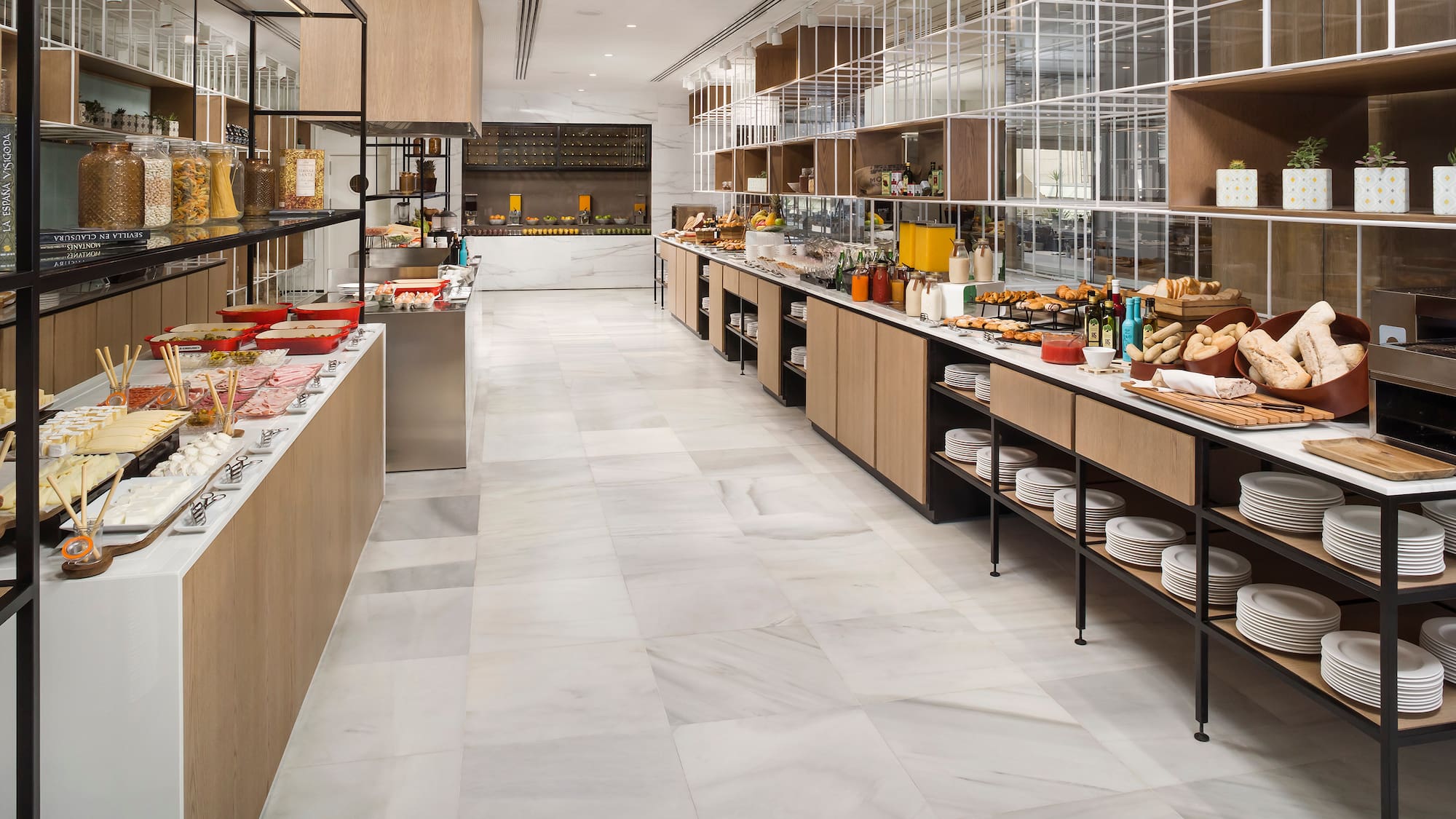 a buffet with food on shelves