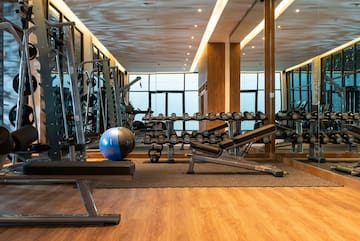 a room with weights and a ball