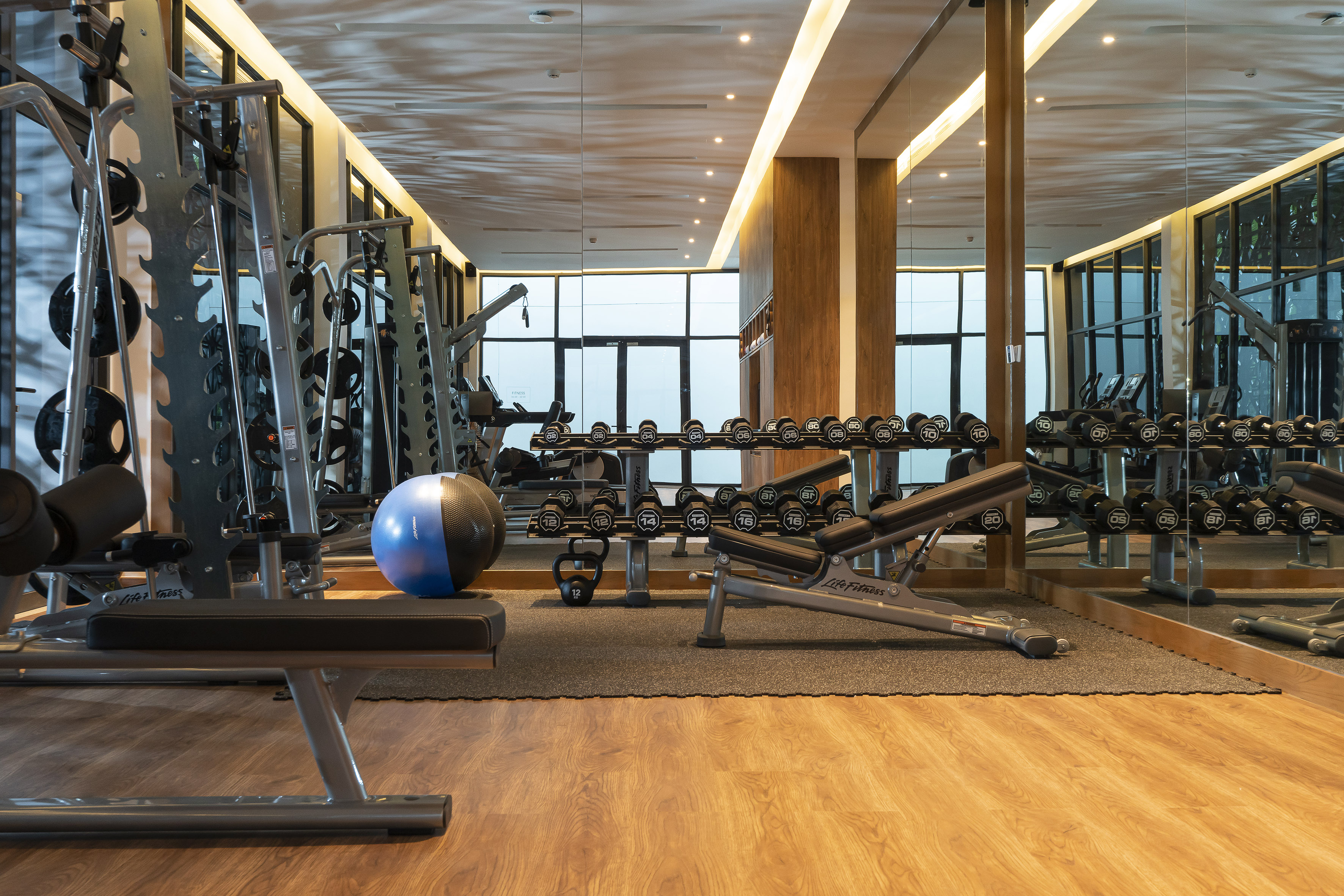 Modern gym with Life Fitness dumbbells, weight benches, and exercise equipment.
