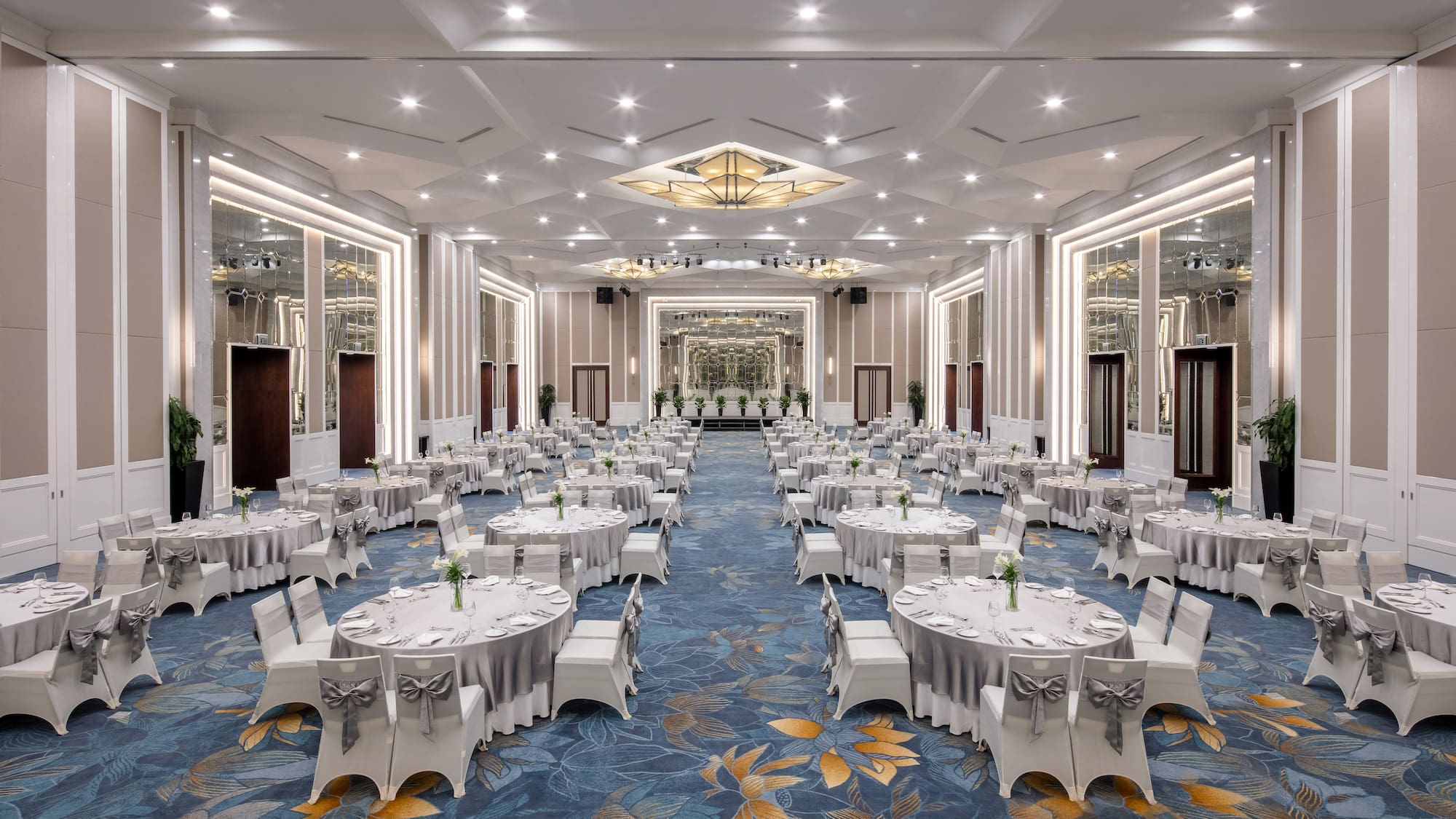 a large room with tables and chairs