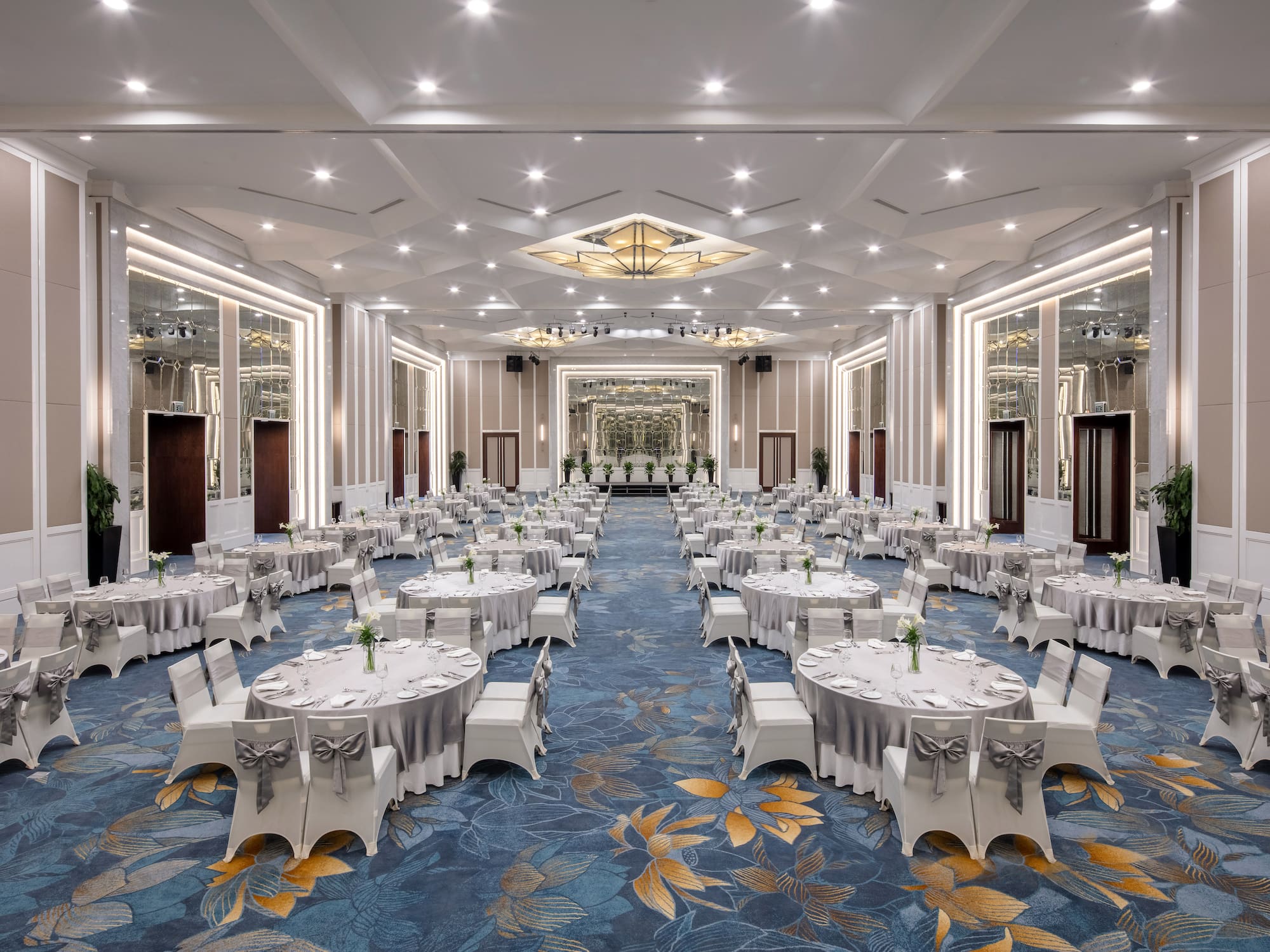 a large room with tables and chairs