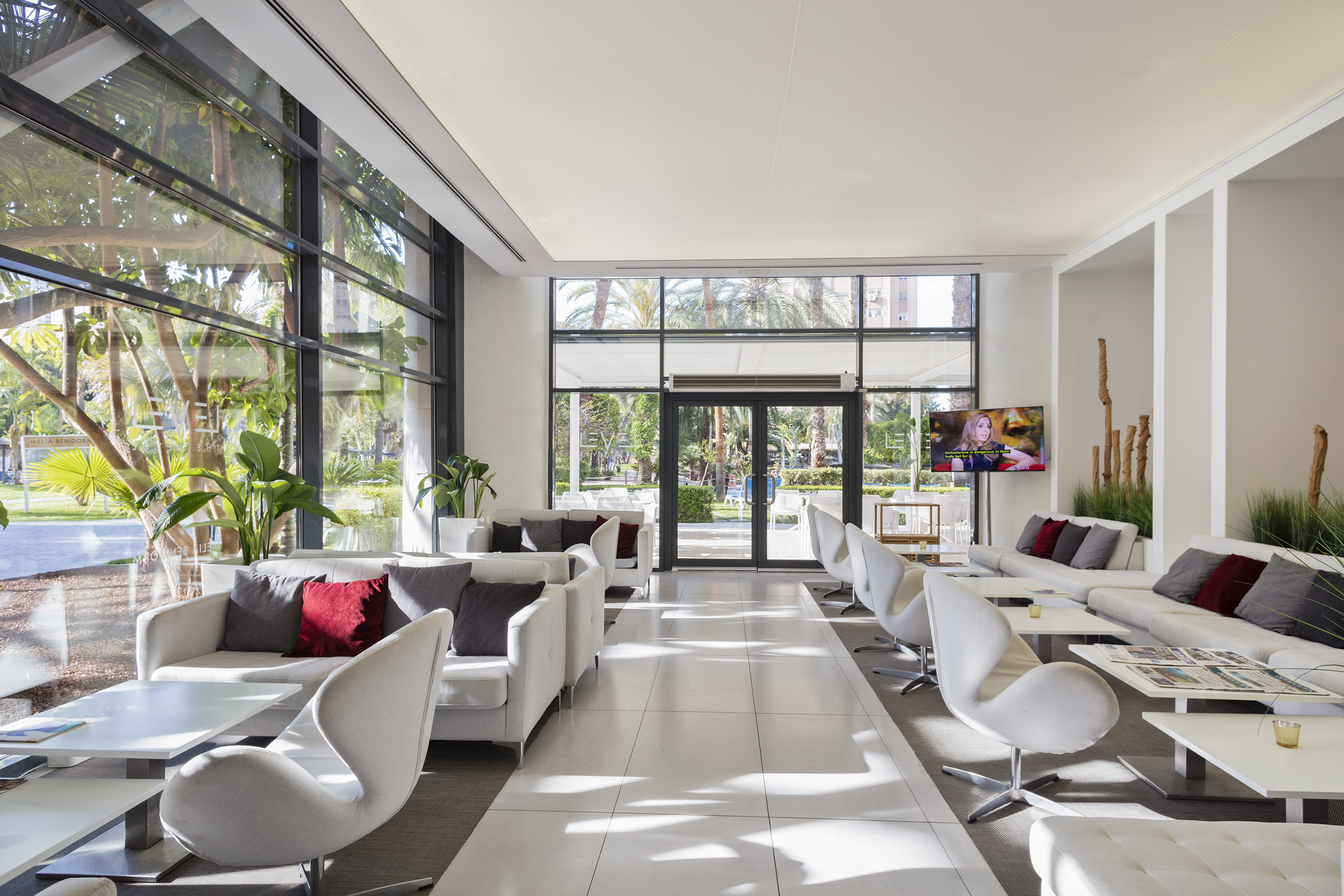 Modern hotel lobby with white sofas, large windows, and tropical garden view.