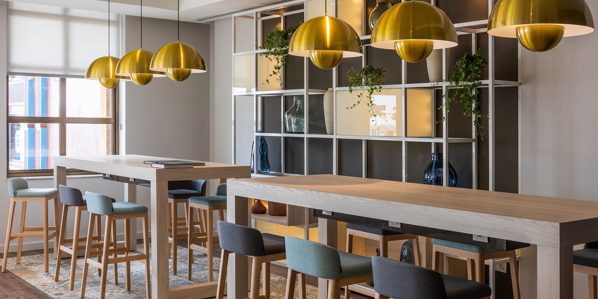 a room with tables and chairs