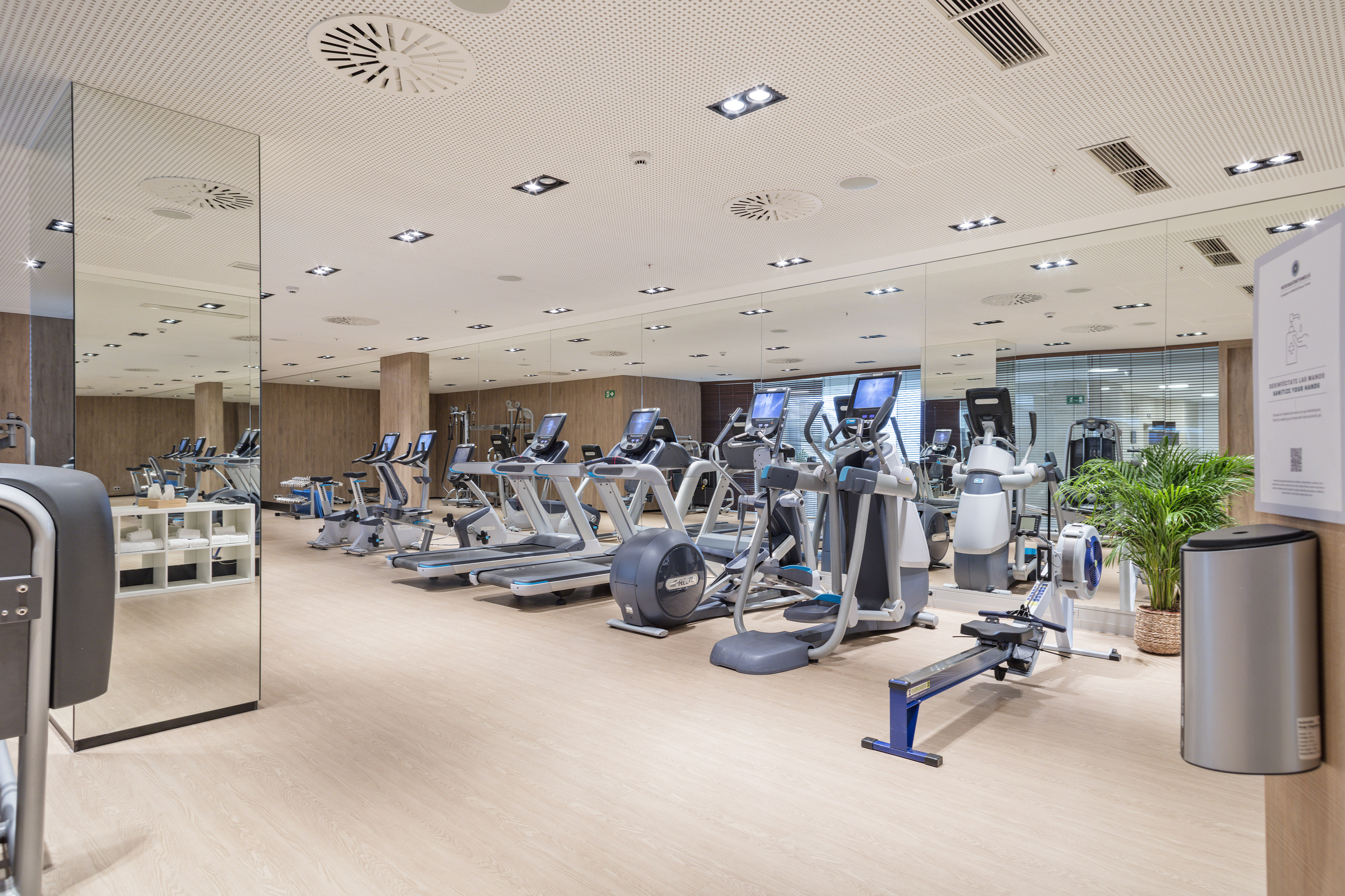 Modern gym with cardio machines, treadmills, ellipticals, and mirrored wall.