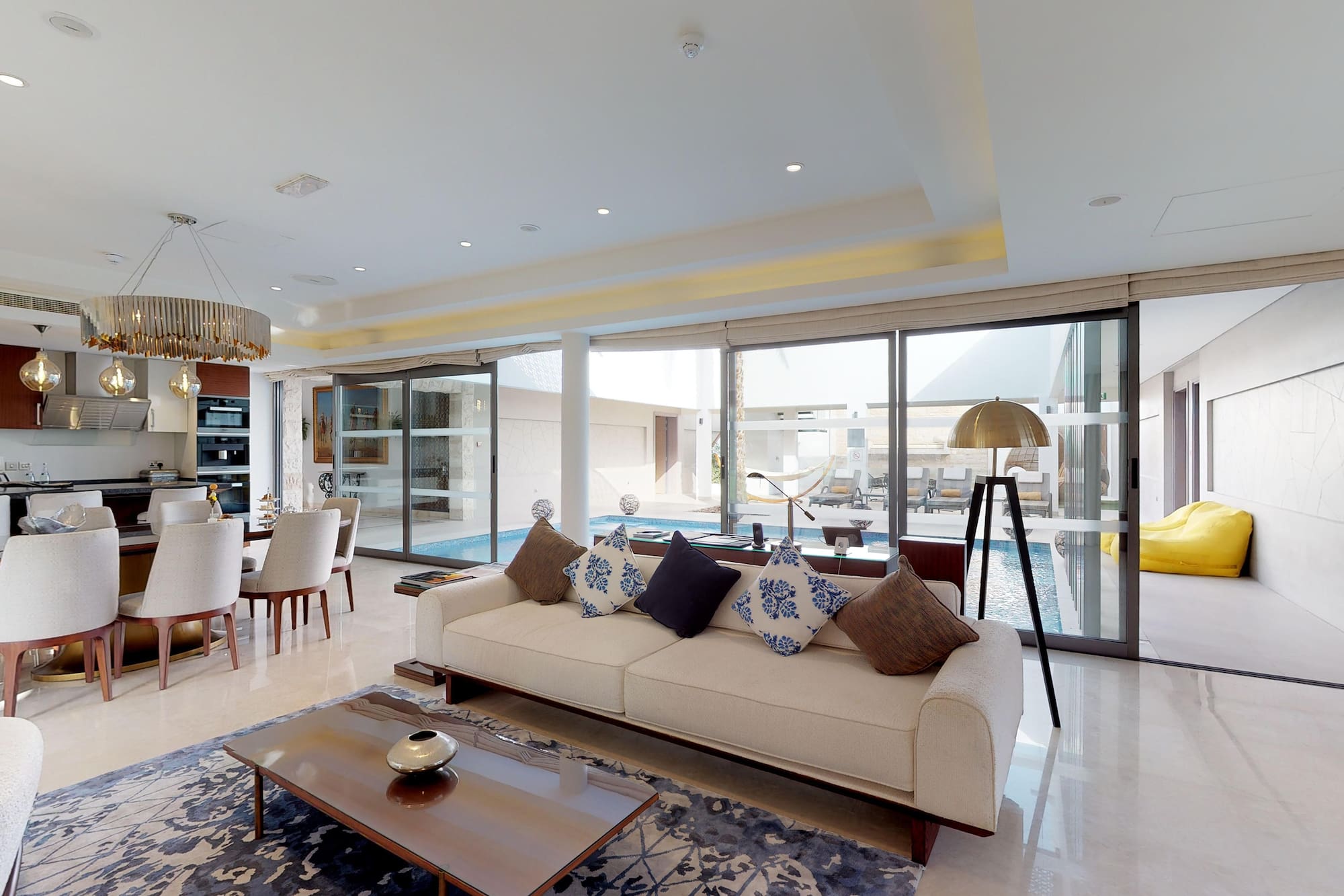 a living room with a couch and a table