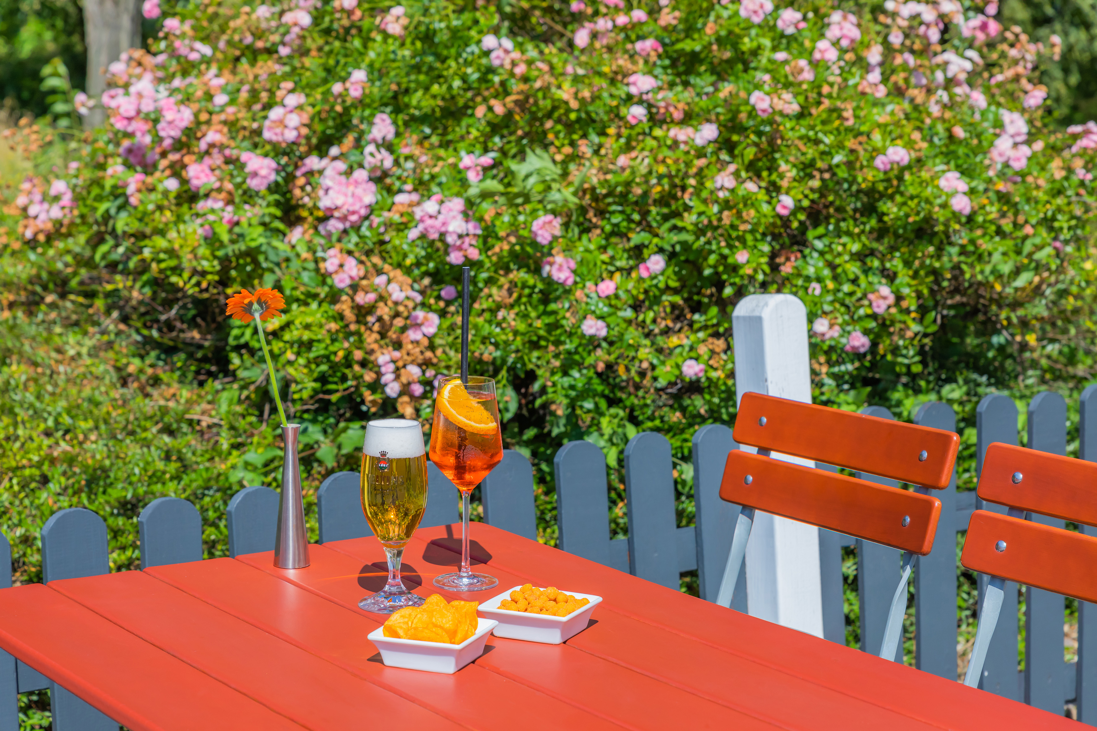 Red outdoor table with beer, Aperol Spritz, snacks, and garden flowers.
