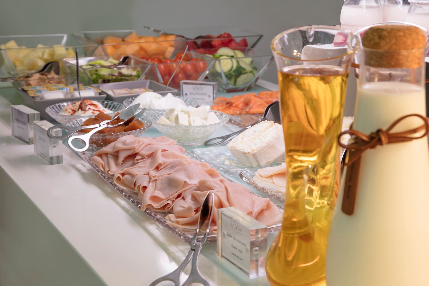 a buffet table with different food items