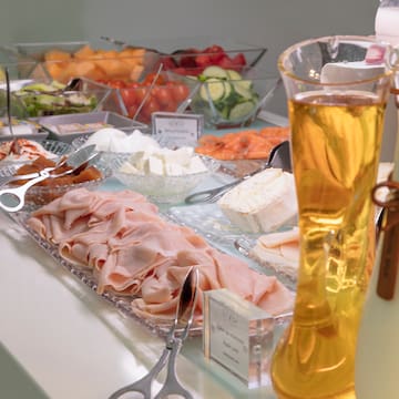 a buffet table with different food items