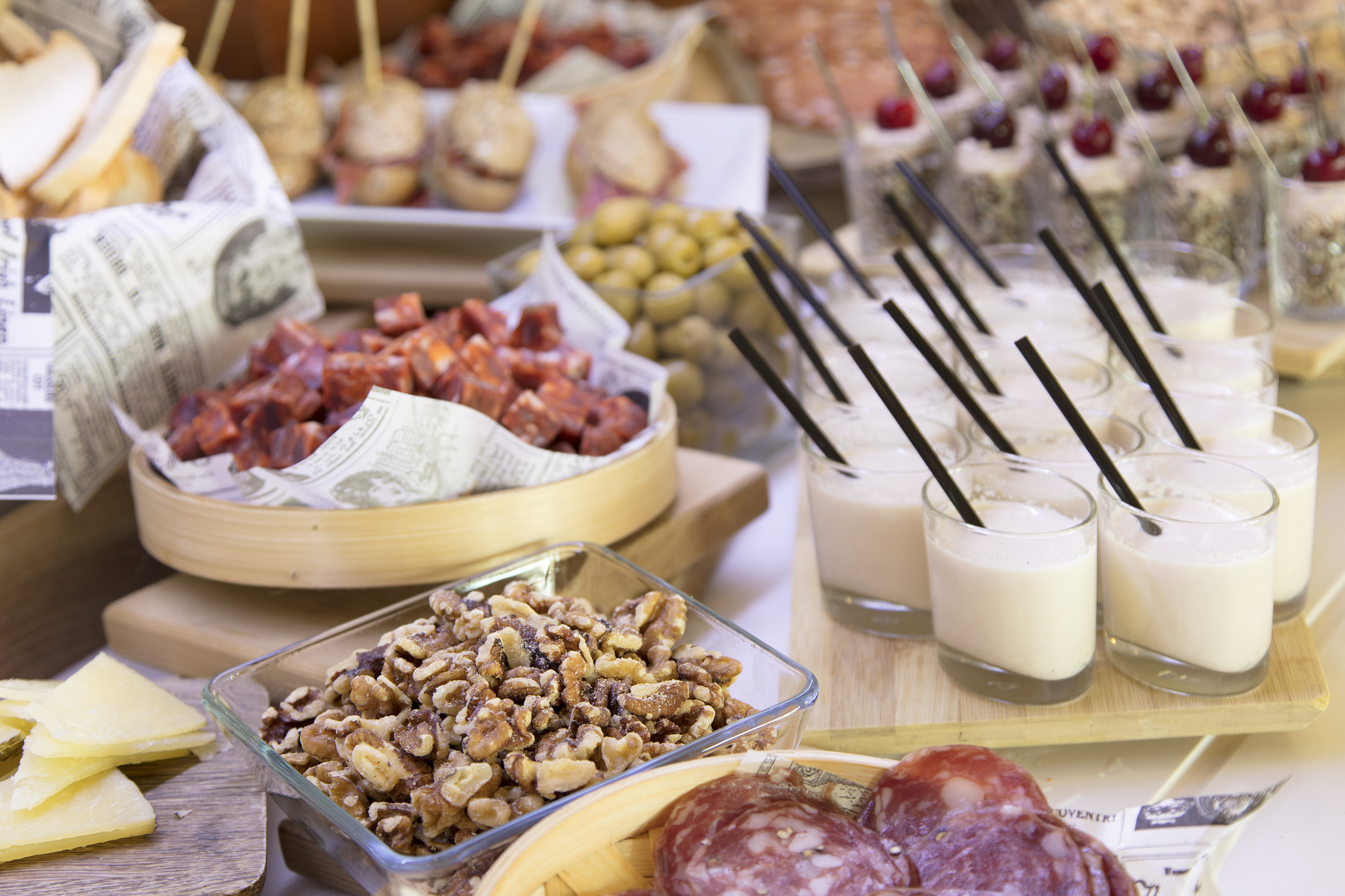 a table with different snacks and drinks