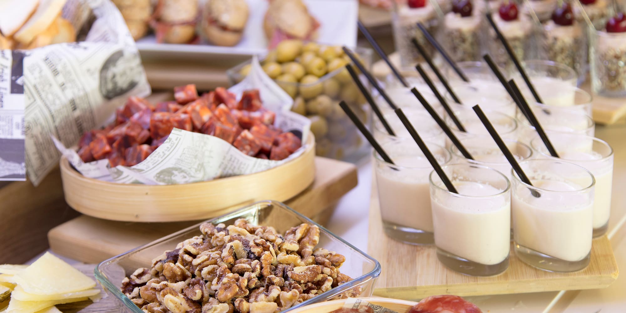 a table with different snacks and drinks
