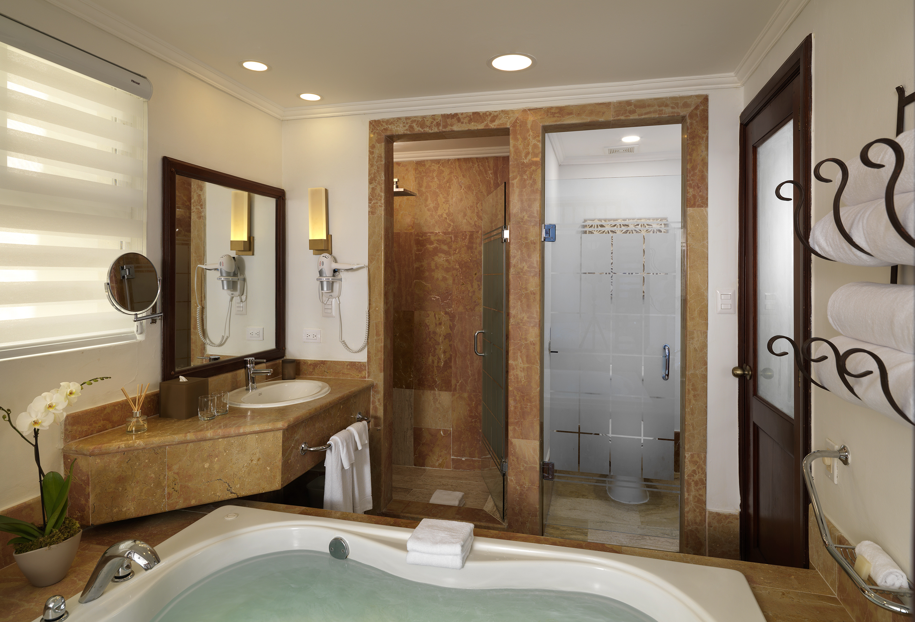 Luxury hotel bathroom with jacuzzi tub, marble vanity, and glass showers.