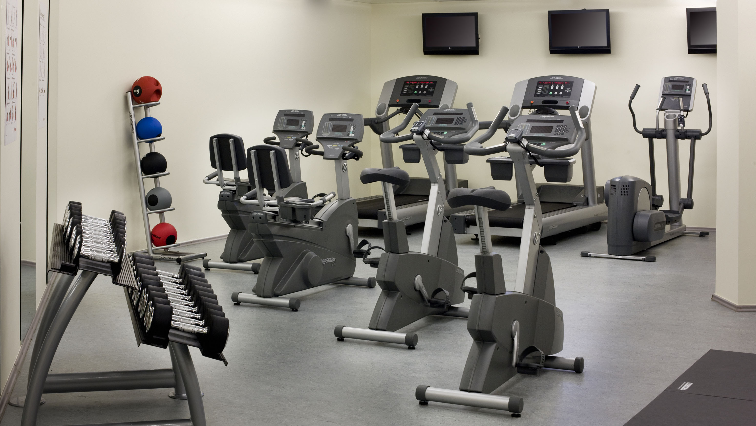 Gym with cardio machines, dumbbells, and medicine balls.