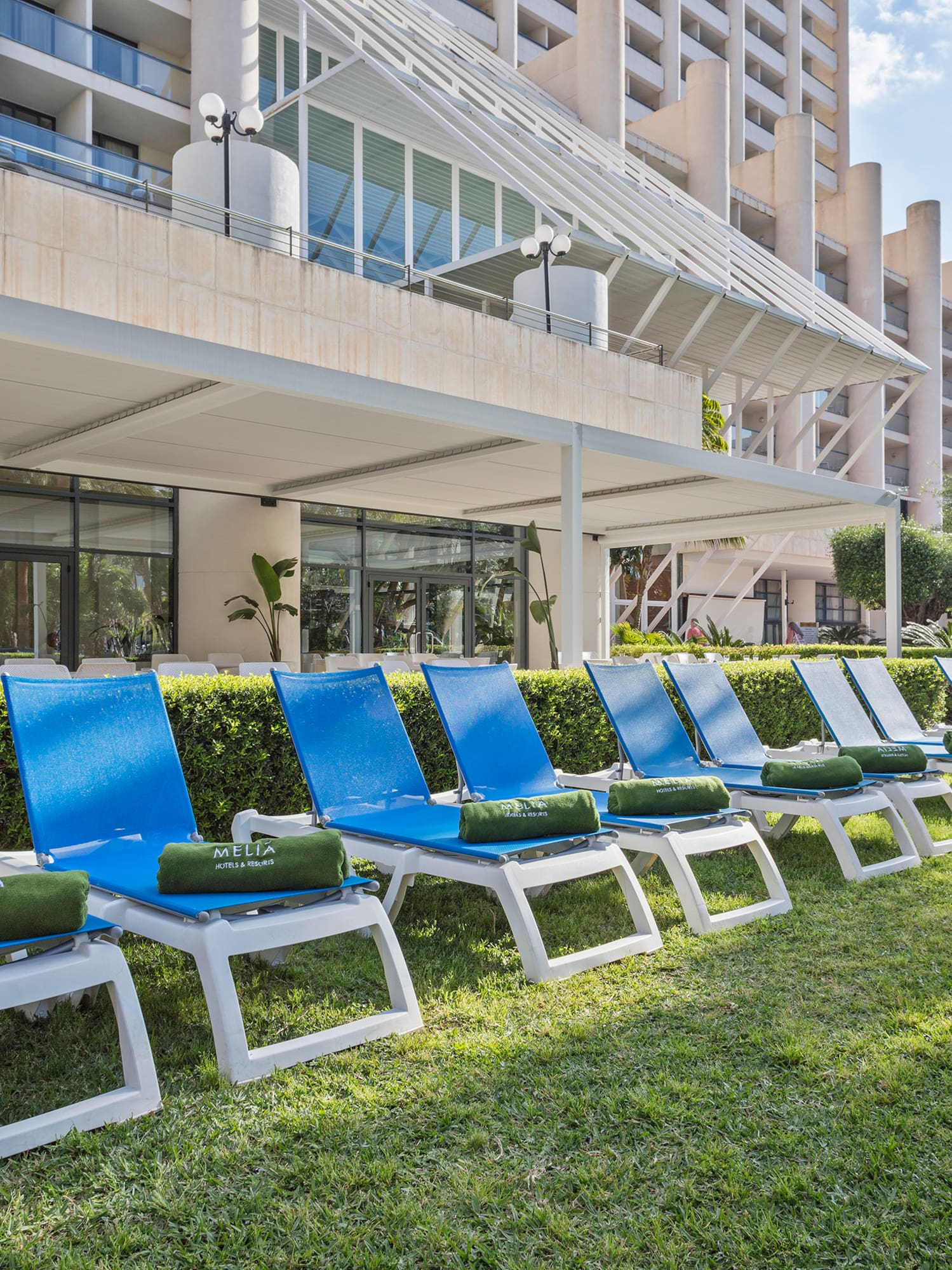 a row of lounge chairs in a row