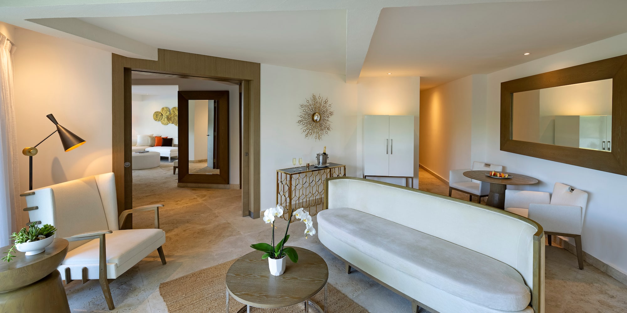 a living room with a couch and a table