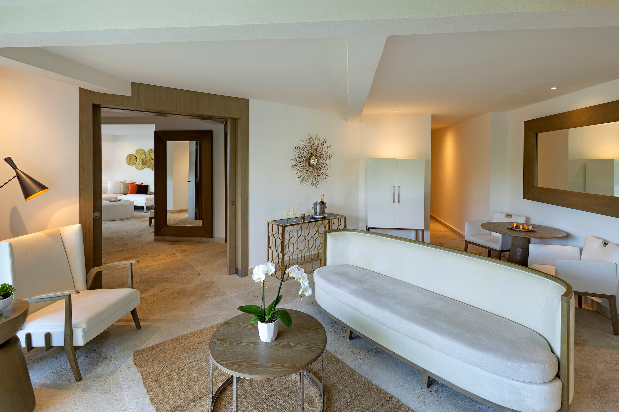 a living room with a couch and a table