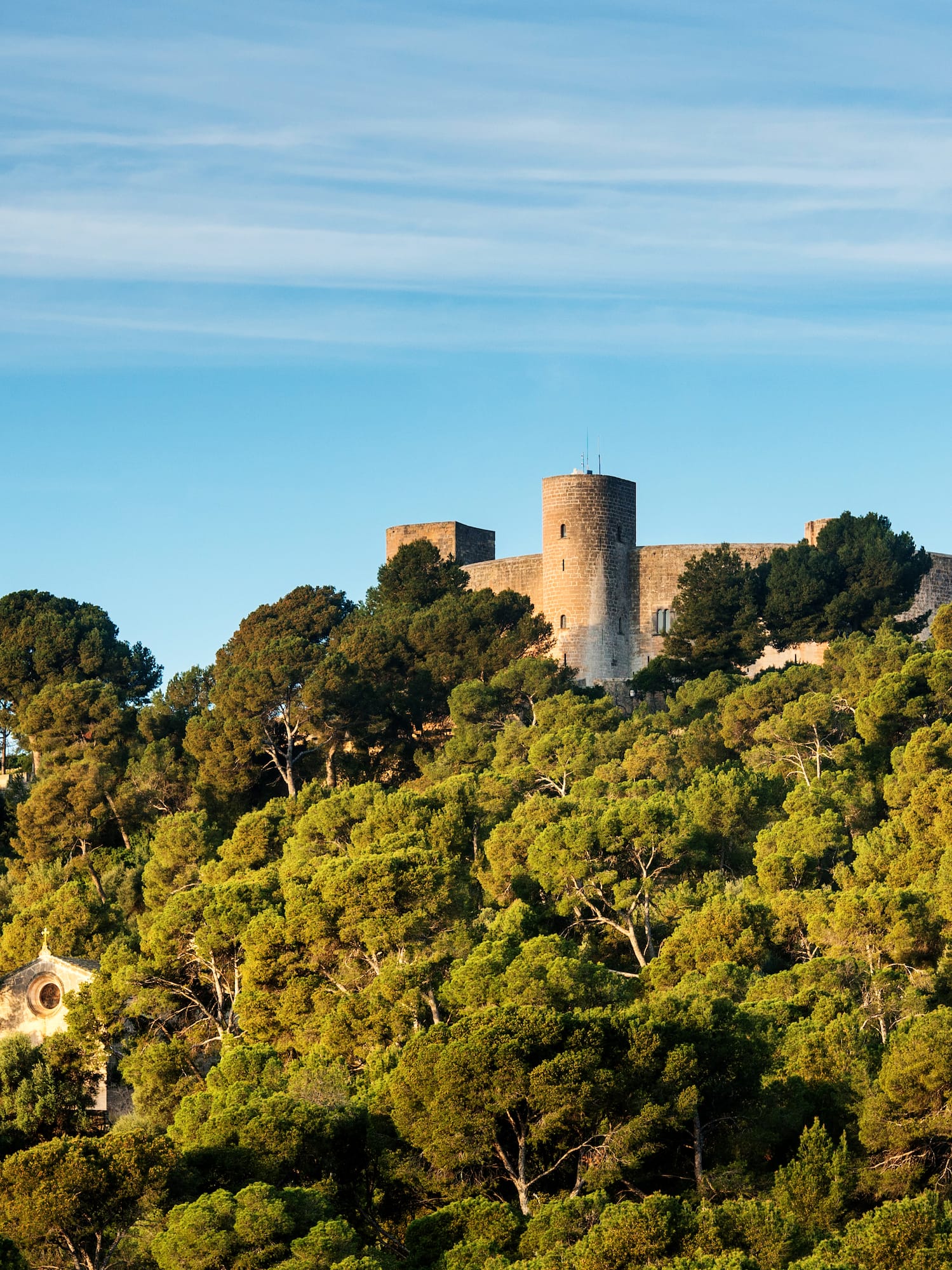 Bellver Castle, Mallorca, on a forested hill under blue sky.