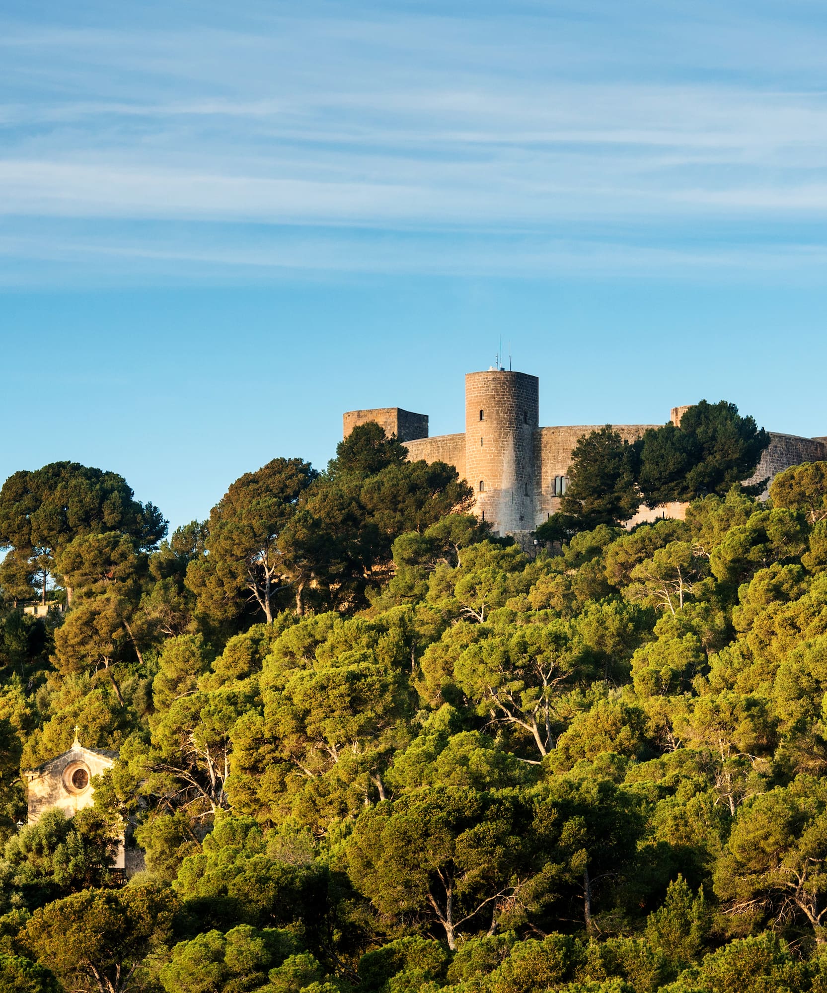 Bellver Castle, Mallorca, on a forested hill under blue sky.
