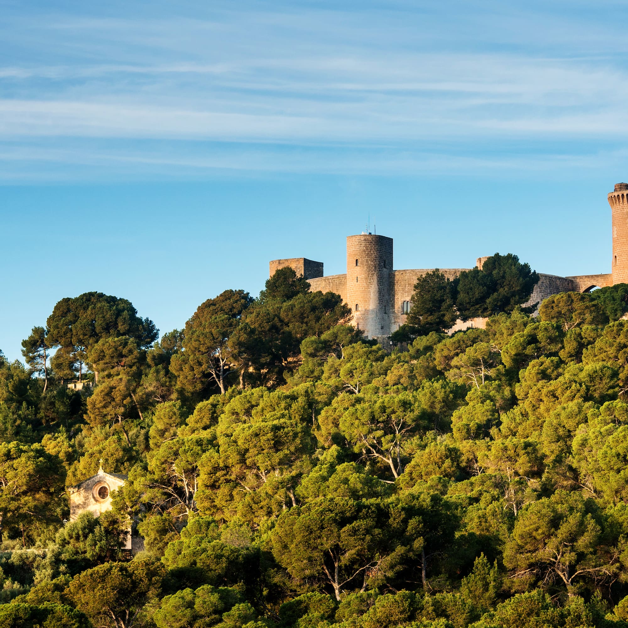 Bellver Castle, Mallorca, on a forested hill under blue sky.