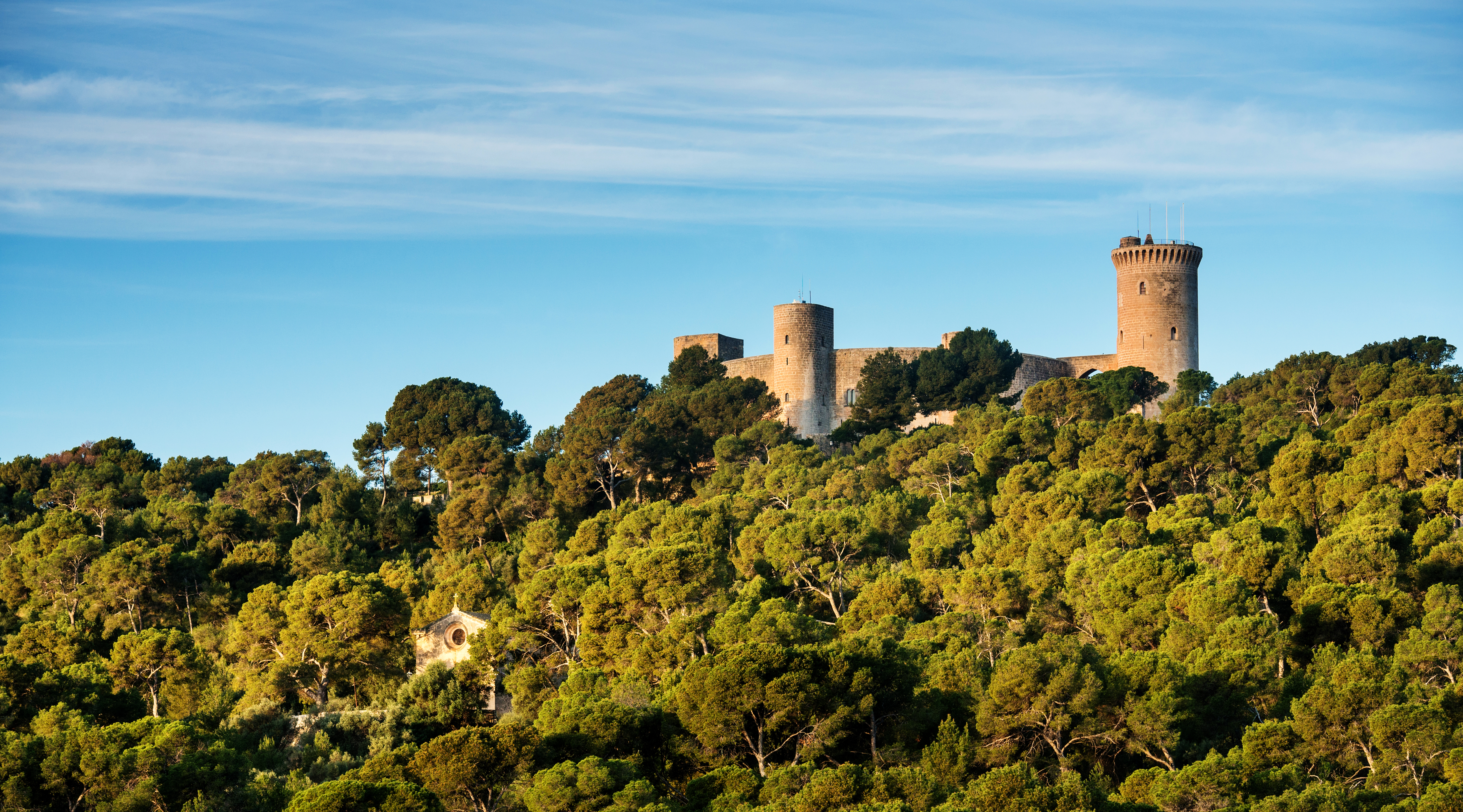 Bellver Castle, Mallorca, on a forested hill under blue sky.