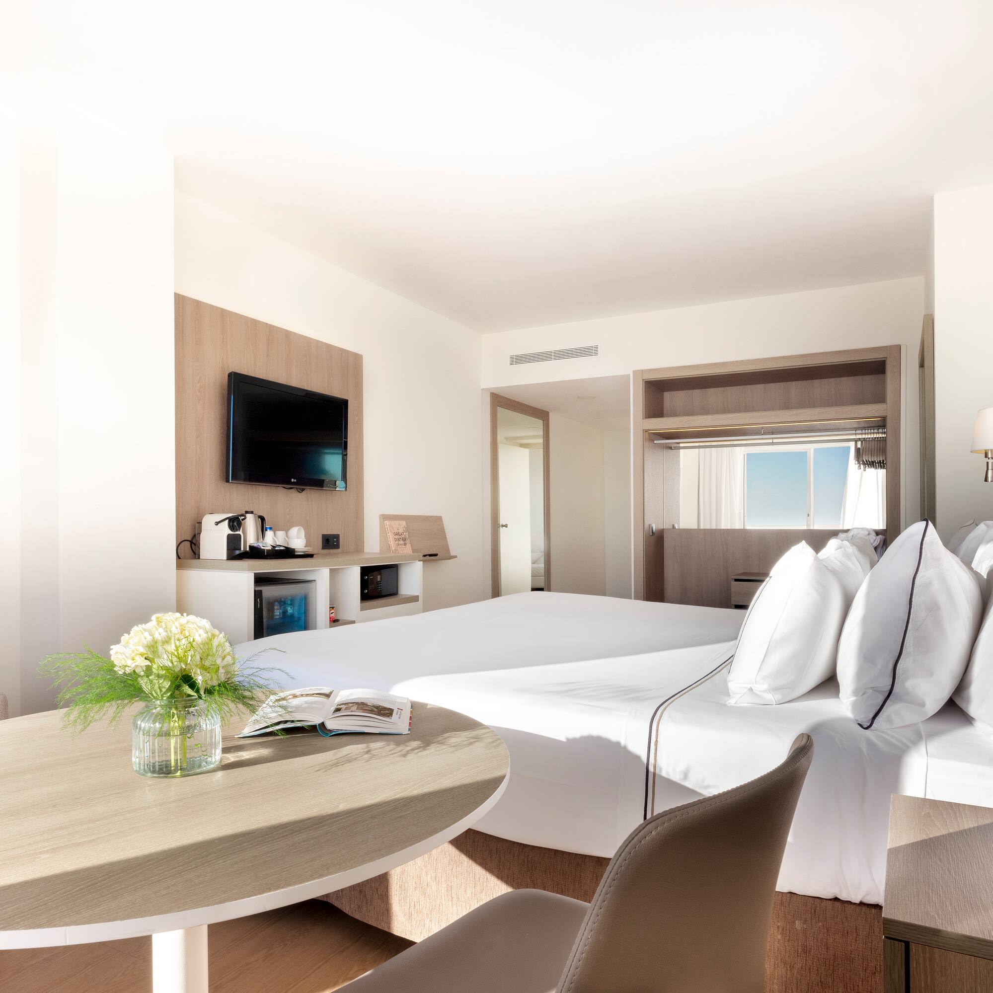 a room with a bed and a table