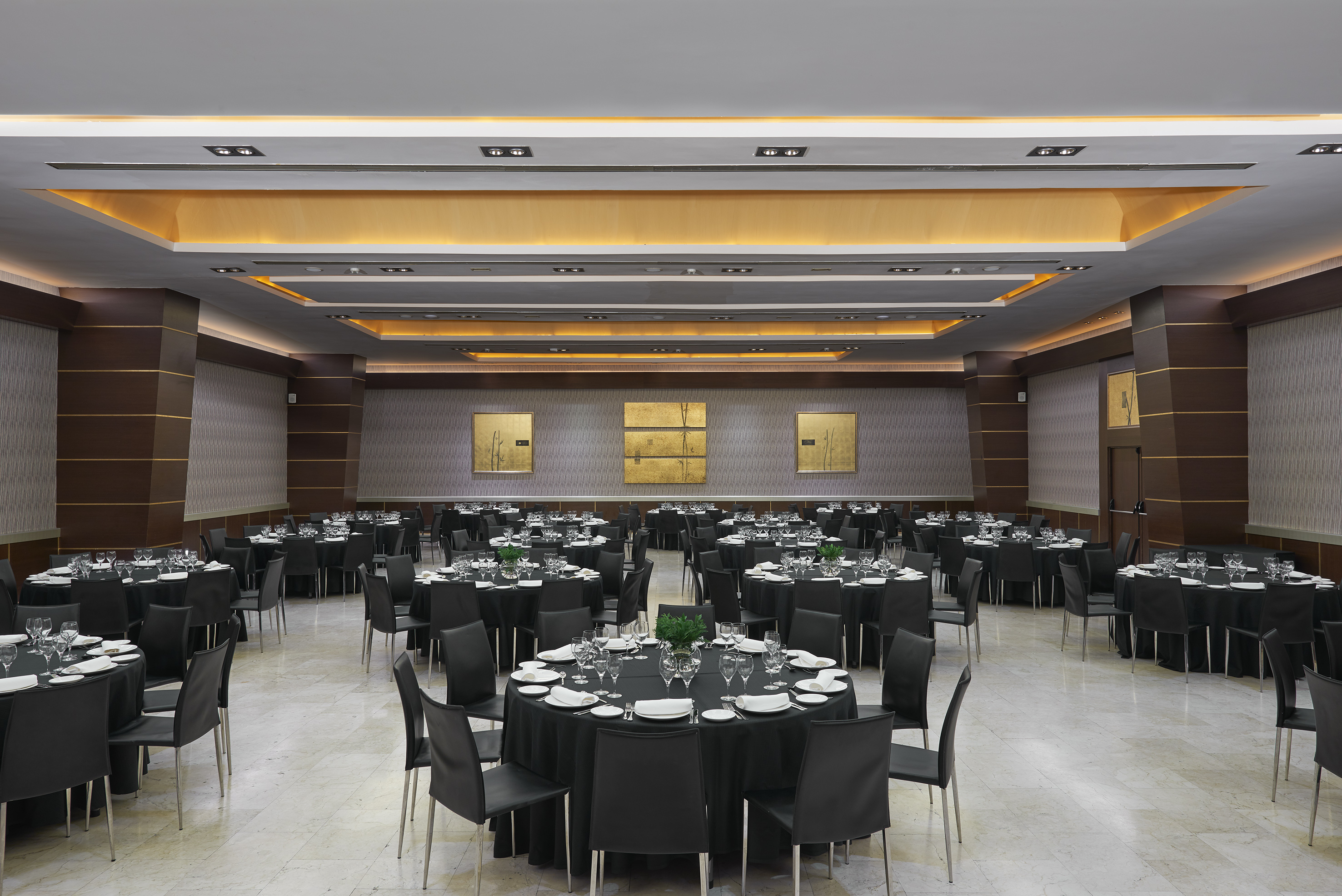 a room with tables and chairs