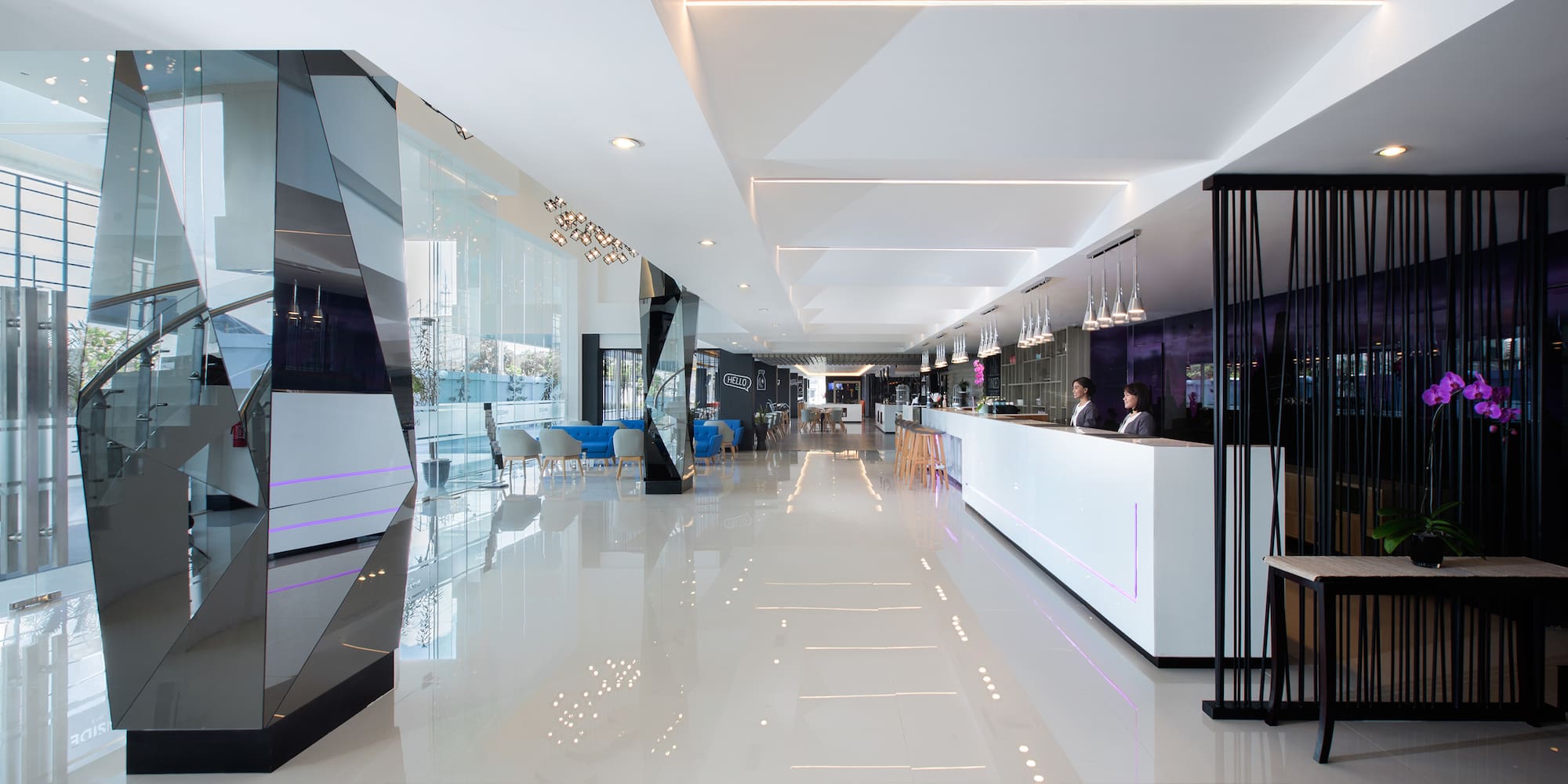 a reception desk in a lobby