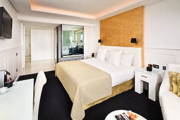 a room with a bed and a table