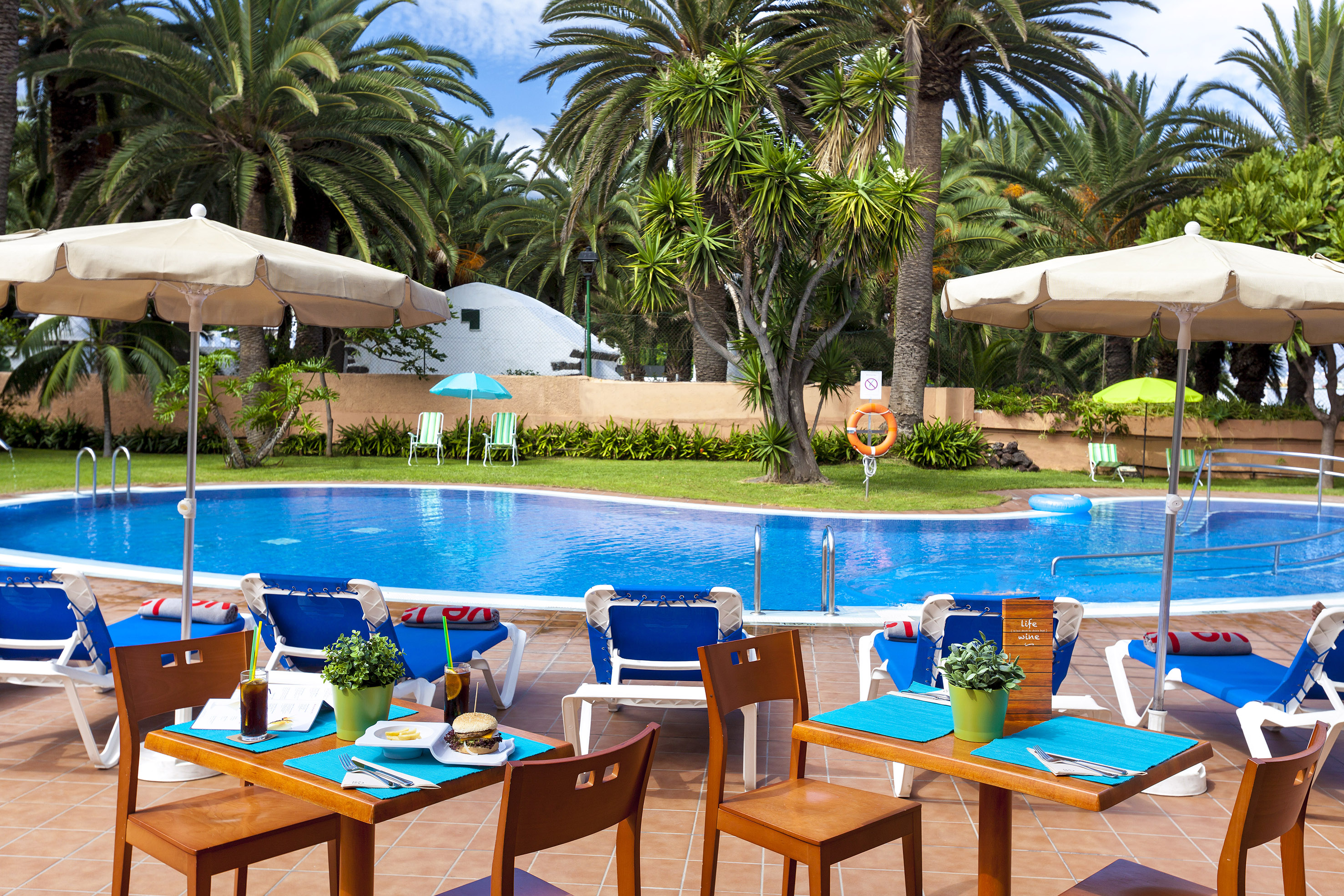 Sunny hotel pool with palm trees, loungers, and poolside dining.