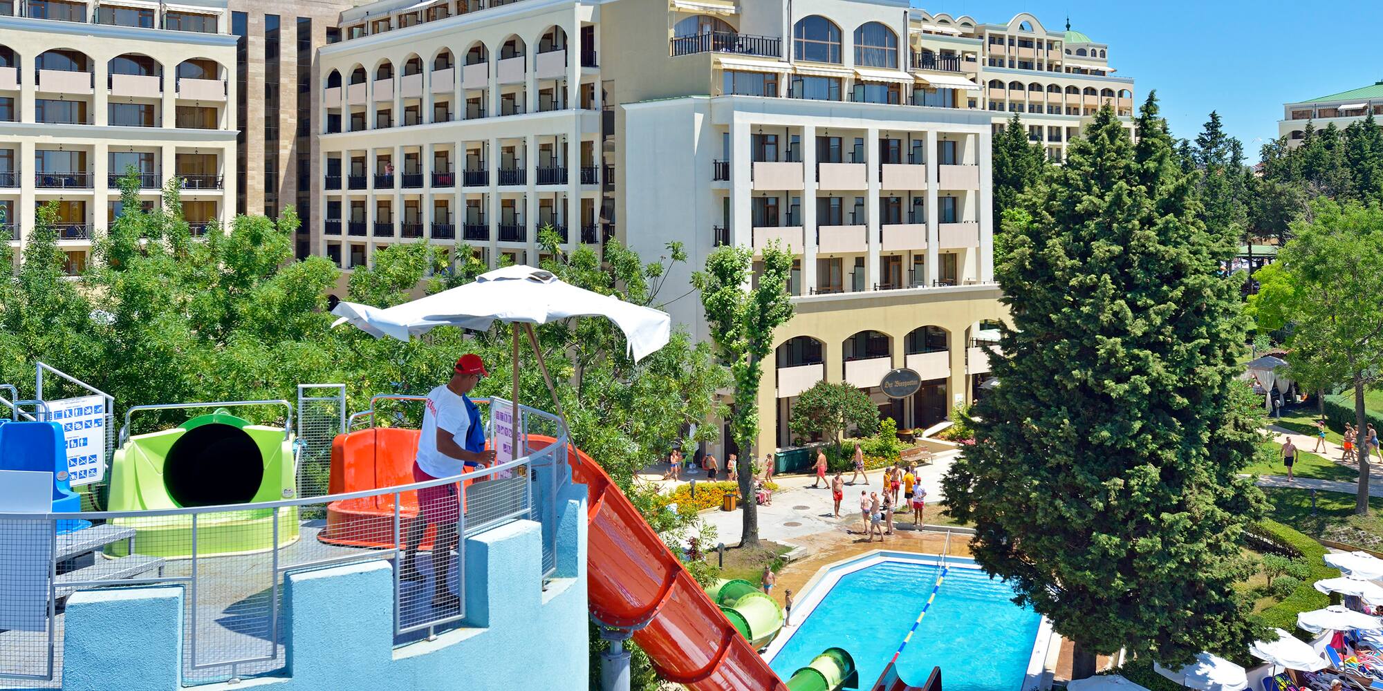 a water slide in a pool