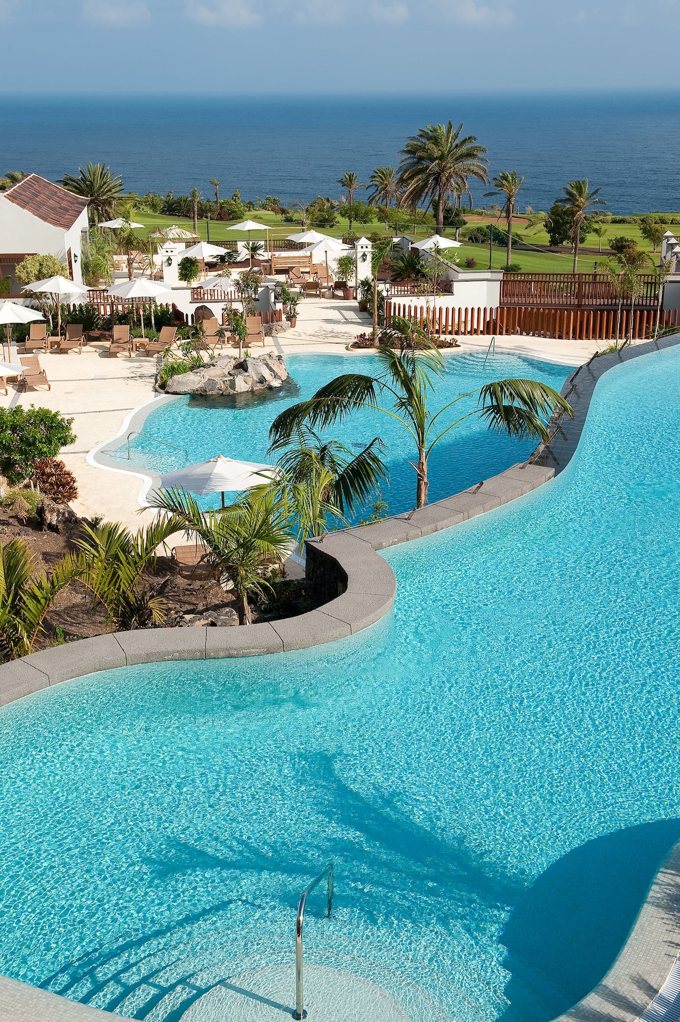 a pool with palm trees and a beach
