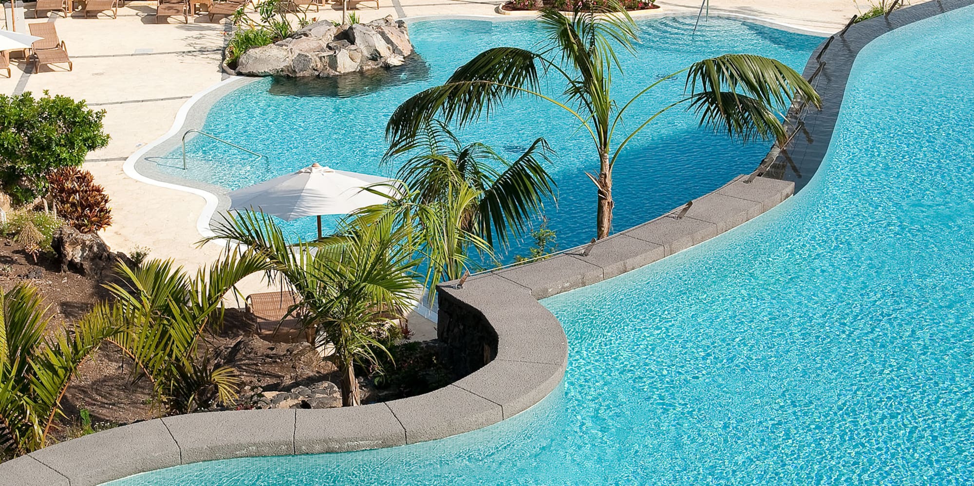 a pool with palm trees and a beach
