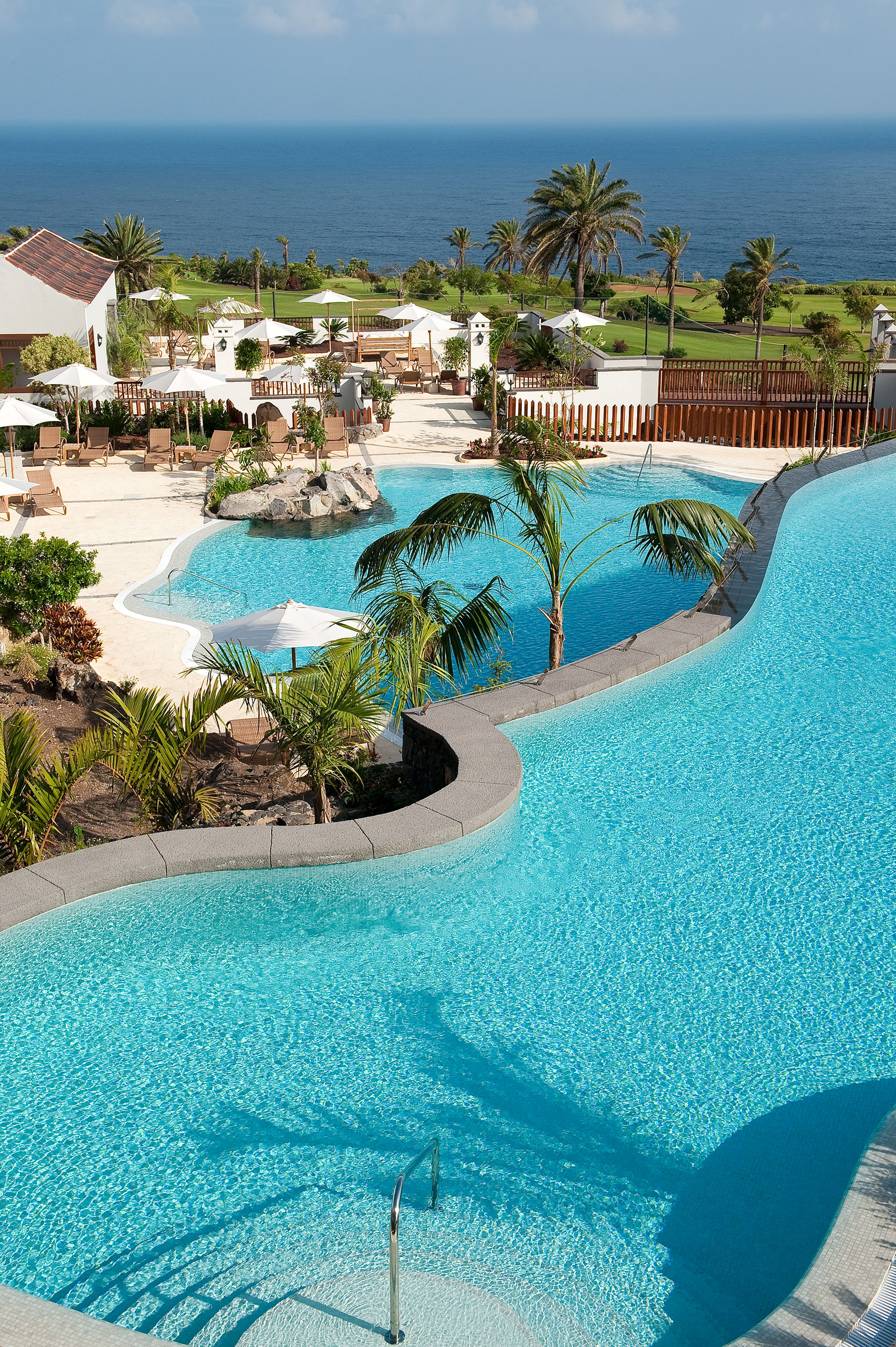 a pool with palm trees and a beach