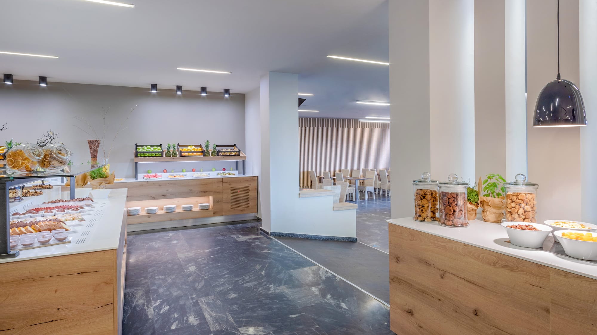 a room with a counter and a buffet